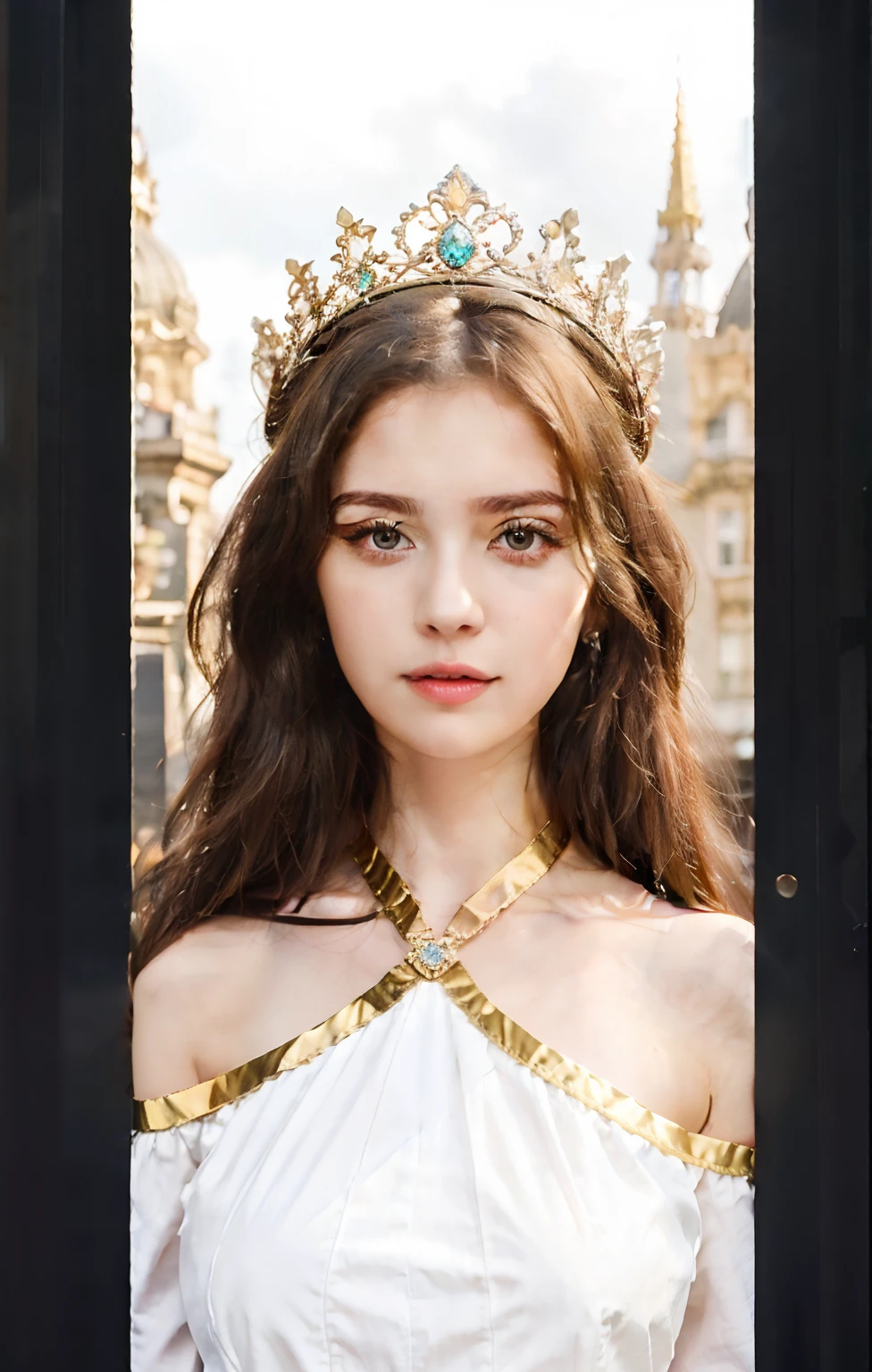 girl with long hair wearing a crown and a white dress, 25 year old girl, big tits, Realistic, city background