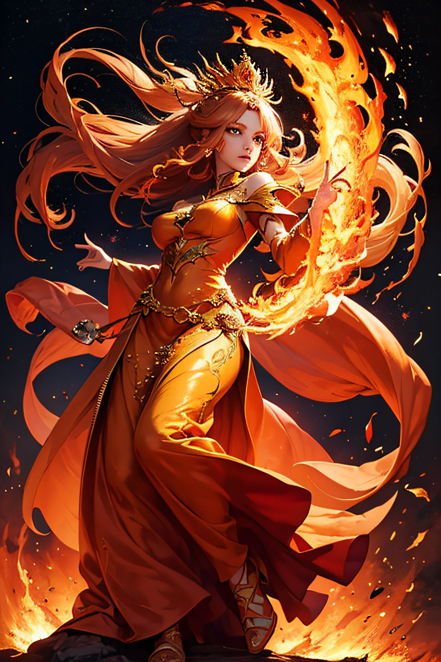 "(Masterpiece, Top Quality: 1.2), Official Art, Ablaze Goddess, Floating Pose, Holding a Fire Phoenix, Detailed Eyes (Embers Gleaming: 1.3), Intricate Fire-Themed Crown, (Fiery Dress: 1.4), Ethereal Flames Background, (Majestic Fire Aura: 1.1), (Glowing Ember Highlights)."