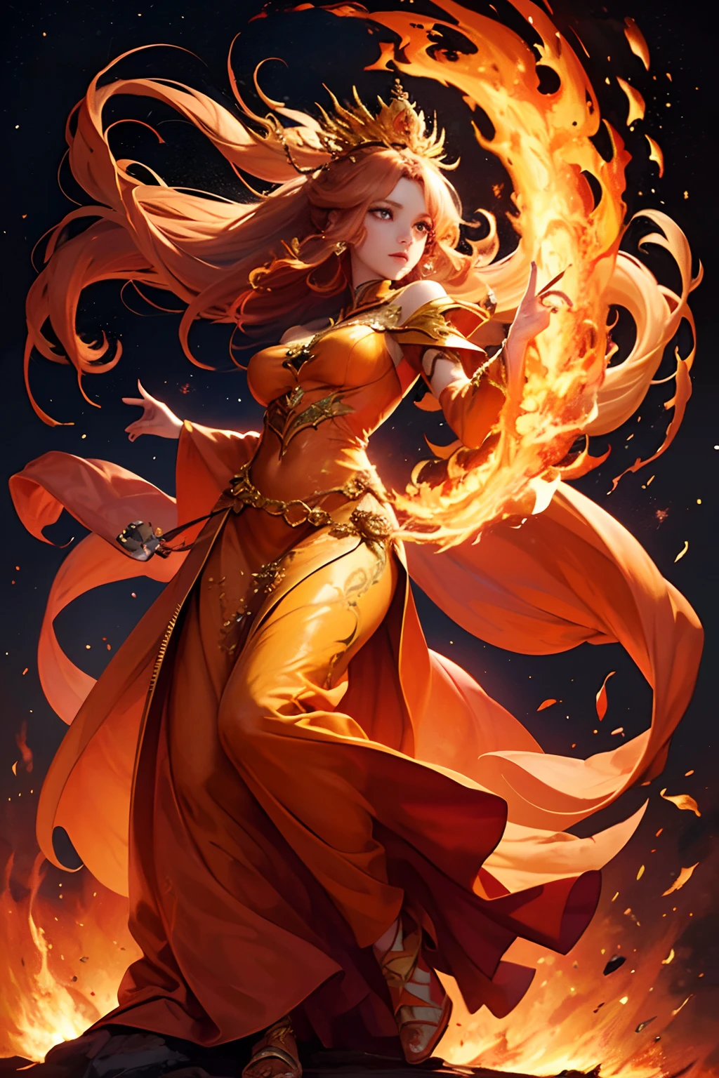 (Masterpiece, best quality: 1.2), a girl standing in a ring of fire, with glowing red eyes, phoenix, red gold pink