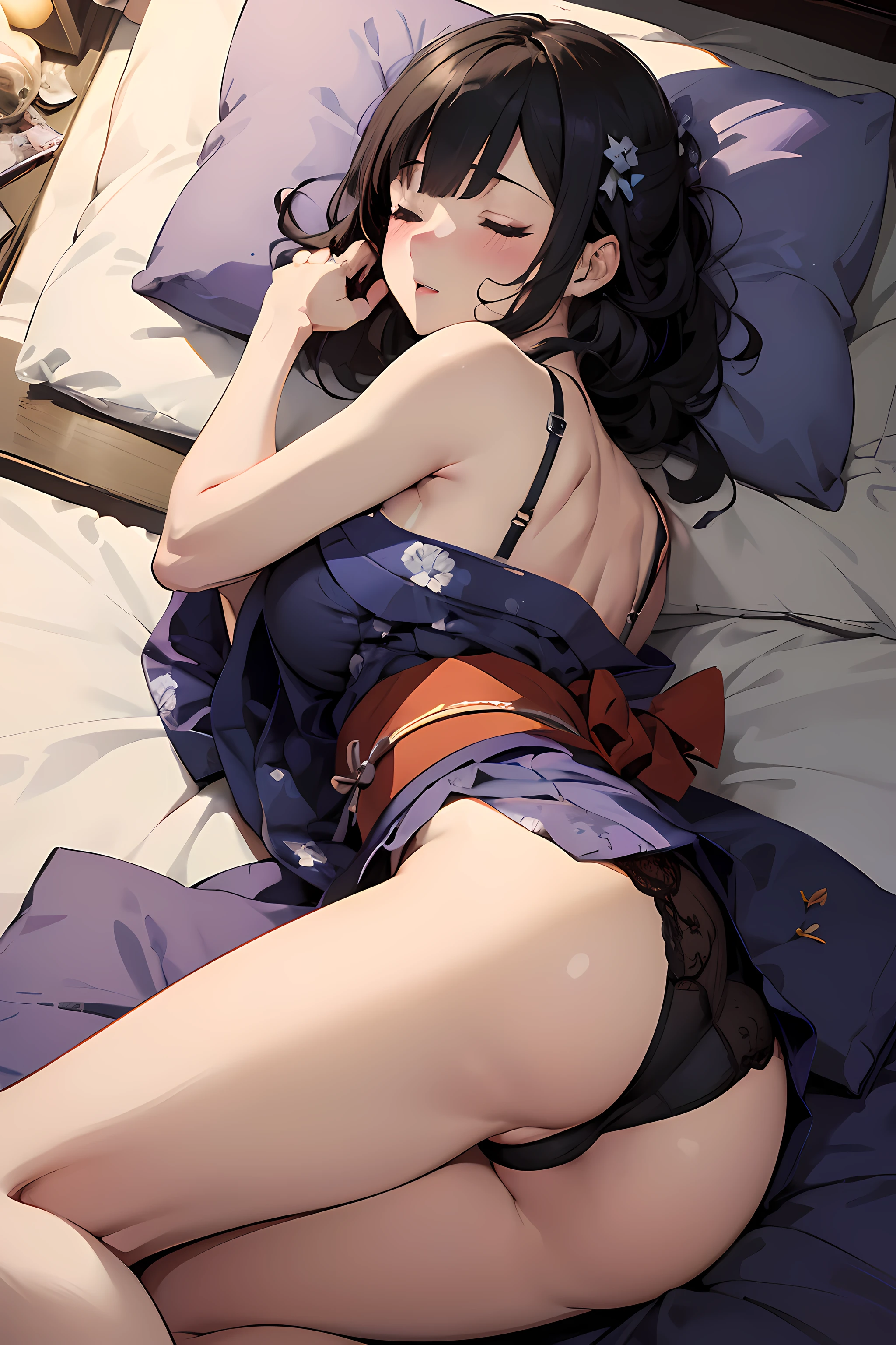 (master piece:1.4),(hyper quality:1.2),(Hyper Detailed:1.4),(Perfect drawing),NFSW,3D Photography,16 - Illustration,((clearface)),(Hi-Res),(lying on the bed), ((dynamic ungle))、Face on pillow、Sexy cartoon character lying in bed, 1girl in,large full breasts, Lying, ((With your ass turned)), on side, Black hair, Closed eyes, Indoors,Bedroom, PILLOWS, Obi, blush, Bare shoulders, Kimono, half-opened mouth, bedding, thighs thighs thighs thighs, Luxury underwear,Beautiful lingerie,nice background,((beatiful backgrounds)),(((Detailed drawing))),Perfect Beautiful Girl,Perfect Photo