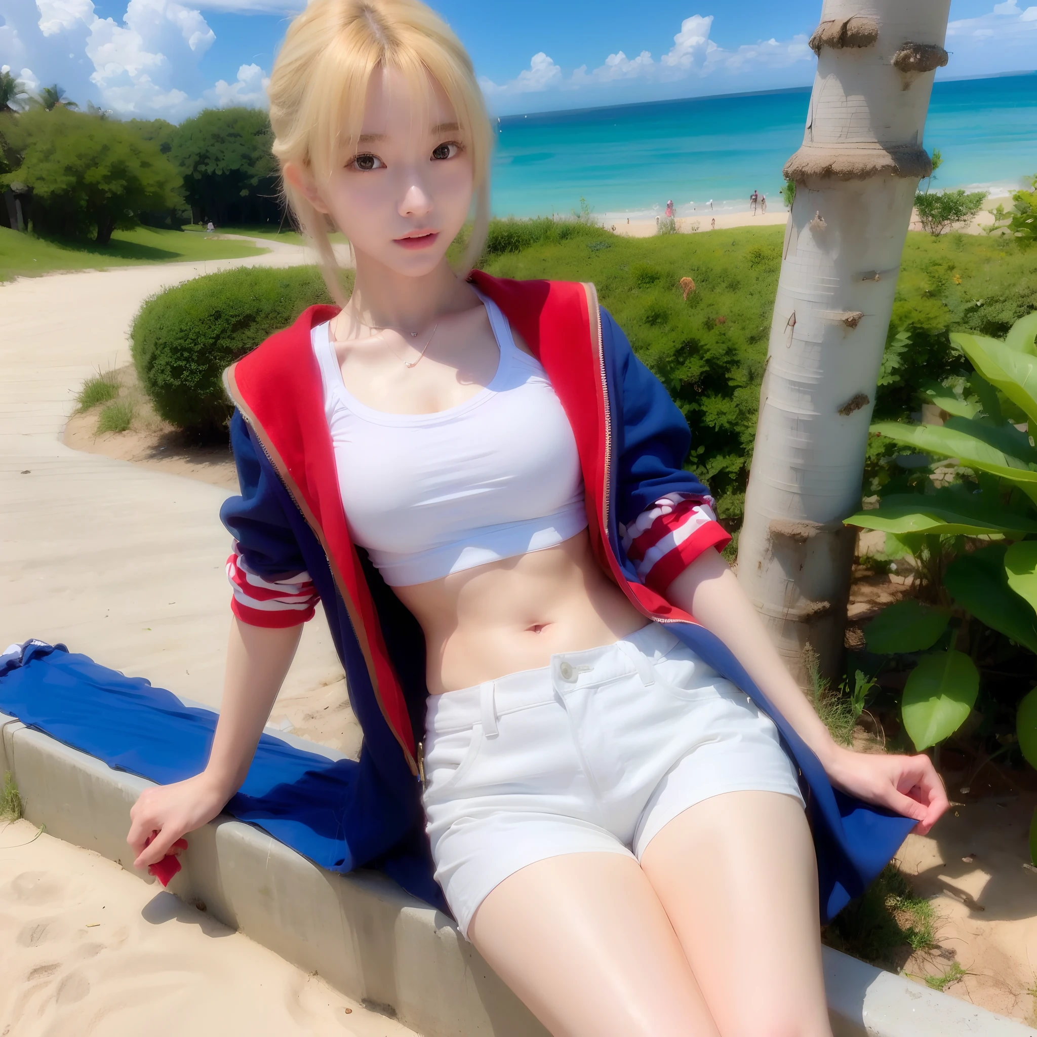 (masterpiece:1.4), (best quality:1.4), realistic, 1girl, artoria pendragon \(fate\) , short shorts, white shirt,  beach, cleavage,crop top