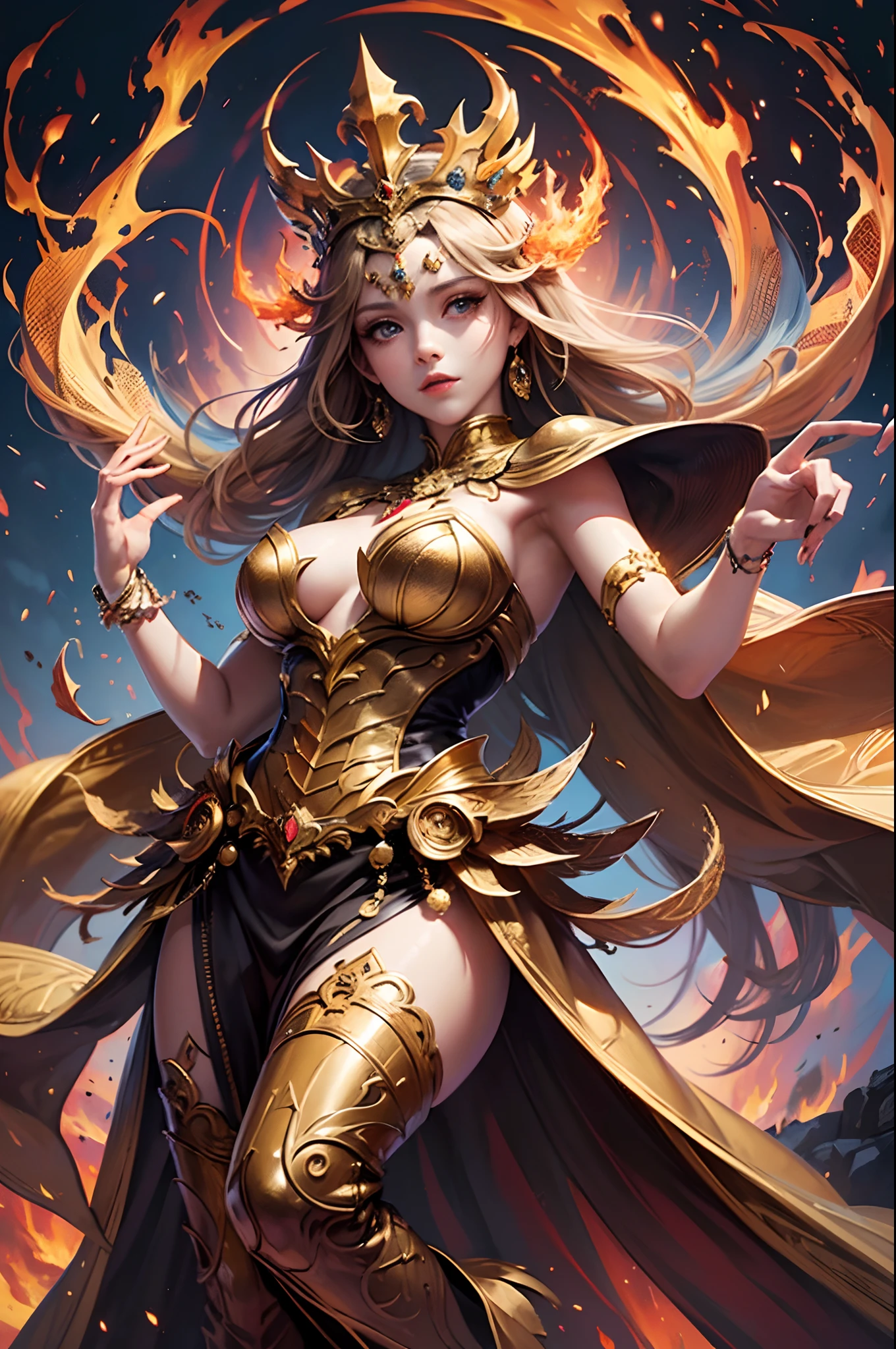 "(Masterpiece, Top Quality: 1.2), Official Art, Ablaze Goddess, Floating Pose, Holding a Fire Phoenix, Detailed Eyes (Embers Gleaming: 1.3), Intricate Fire-Themed Crown, (Fiery Dress: 1.4), Ethereal Flames Background, (Majestic Fire Aura: 1.1), (Glowing Ember Highlights)."