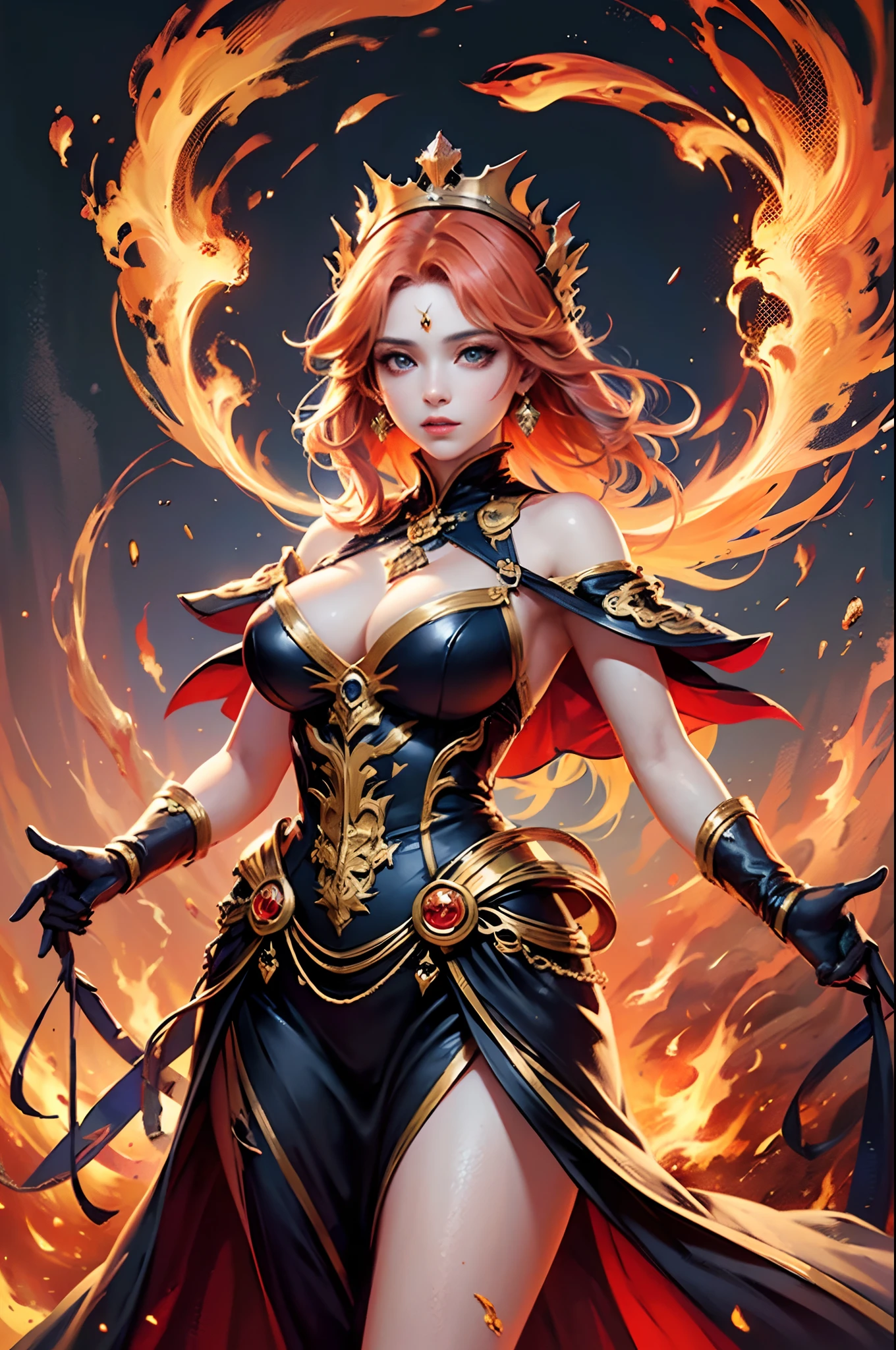 "(Masterpiece, Top Quality: 1.2), Official Art, Ablaze Goddess, Floating Pose, Holding a Fire Phoenix, Detailed Eyes (Embers Gleaming: 1.3), Intricate Fire-Themed Crown, (Fiery Dress: 1.4), Ethereal Flames Background, (Majestic Fire Aura: 1.1), (Glowing Ember Highlights)."
