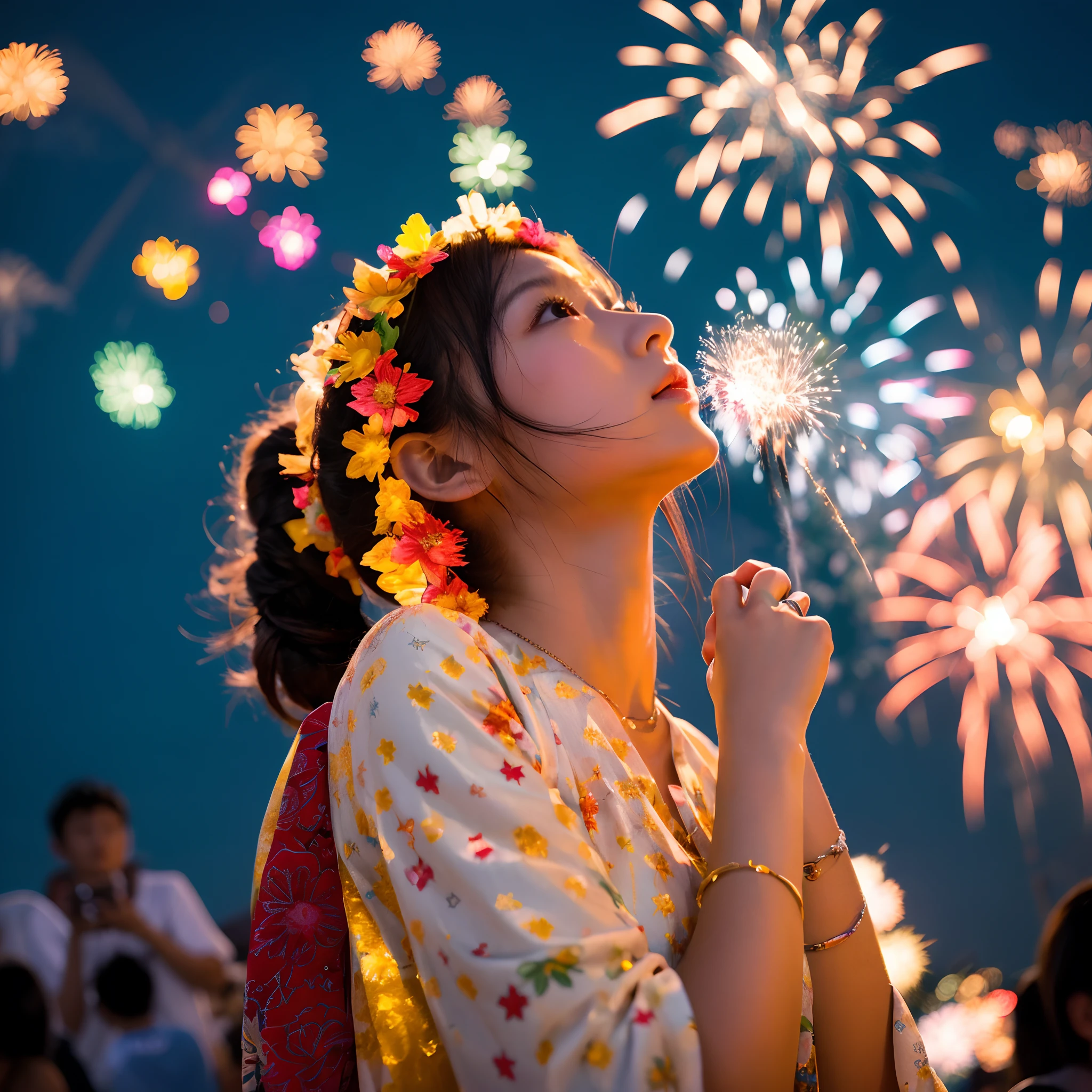 While colorful fireworks were set off, Japanese beauty looking up at the night sky, free pose, Wearing light summer clothes,8K, ultra-resolution, master piece
