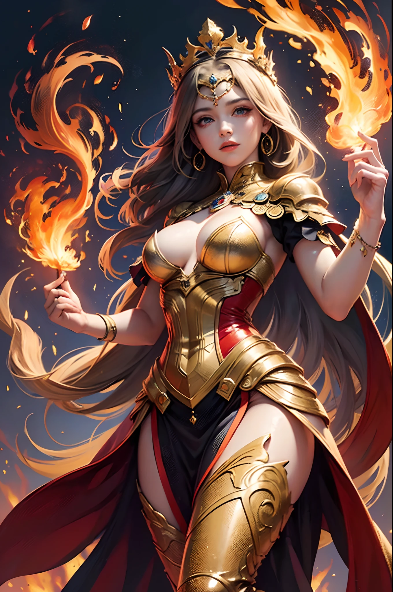 "(Masterpiece, Top Quality: 1.2), Official Art, Ablaze Goddess, Floating Pose, Holding a Fire Phoenix, Detailed Eyes (Embers Gleaming: 1.3), Intricate Fire-Themed Crown, (Fiery Dress: 1.4), Ethereal Flames Background, (Majestic Fire Aura: 1.1), (Glowing Ember Highlights)."