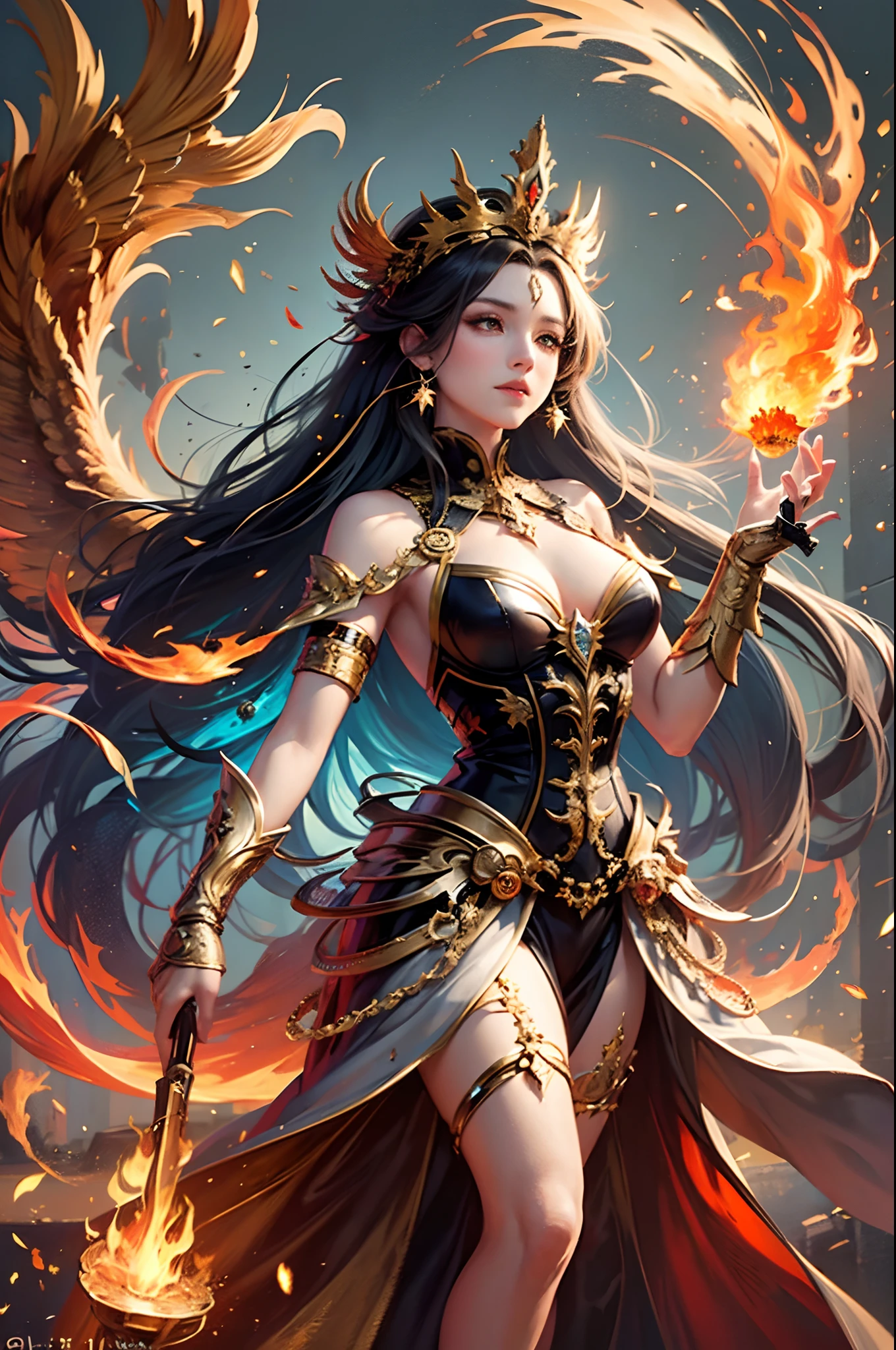"(Masterpiece, Top Quality: 1.2), Official Art, Ablaze Goddess, Floating Pose, Holding a Fire Phoenix, Detailed Eyes (Embers Gleaming: 1.3), Intricate Fire-Themed Crown, (Fiery Dress: 1.4), Ethereal Flames Background, (Majestic Fire Aura: 1.1), (Glowing Ember Highlights)."