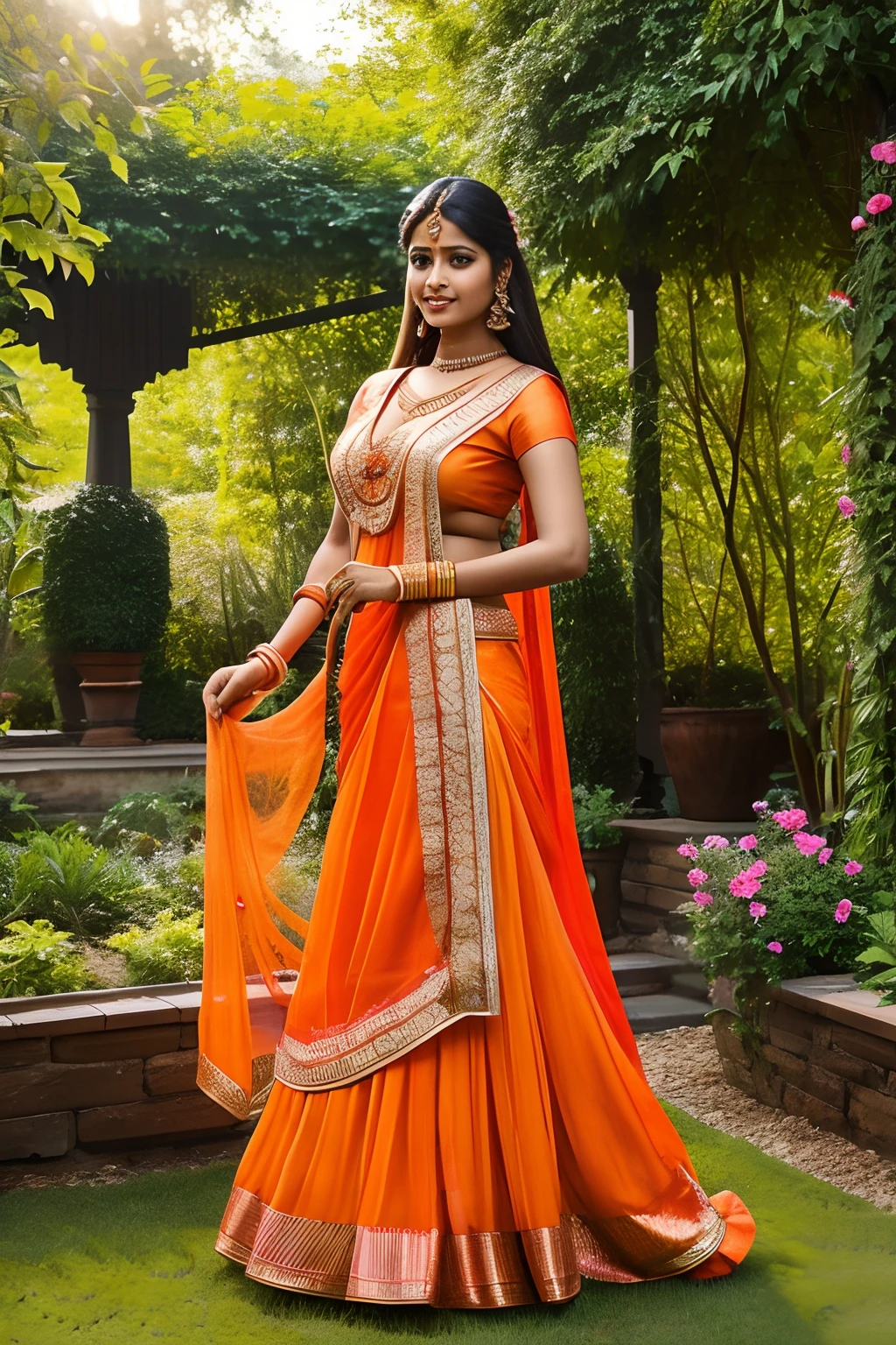 Indian woman、Female sexy、Traditional Indian costume in orange color、In the garden