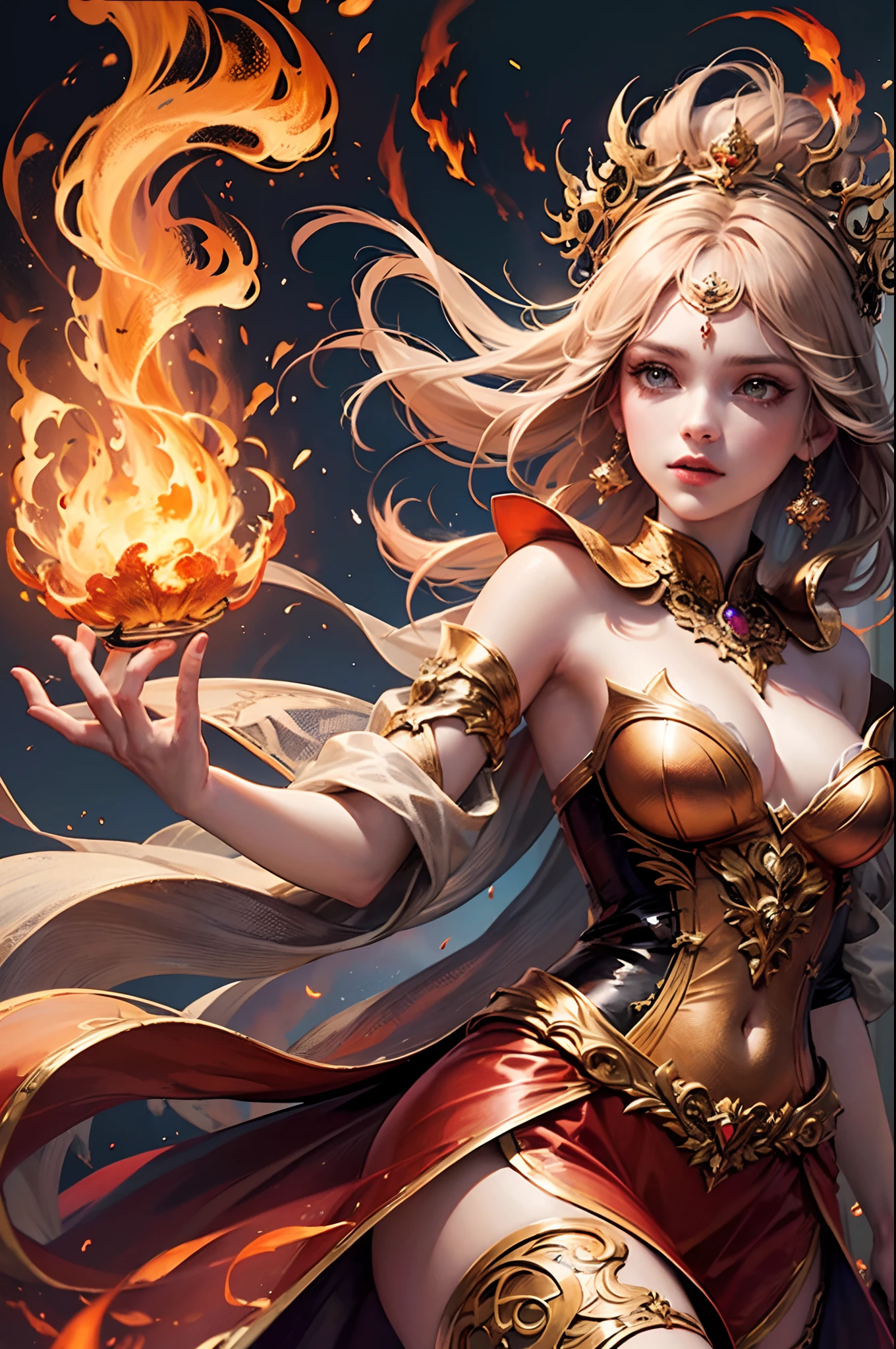 "(Masterpiece, Top Quality: 1.2), Official Art, Ablaze Goddess, Floating Pose, Holding a Fire Phoenix, Detailed Eyes (Embers Gleaming: 1.3), Intricate Fire-Themed Crown, (Fiery Dress: 1.4), Ethereal Flames Background, (Majestic Fire Aura: 1.1), (Glowing Ember Highlights)."