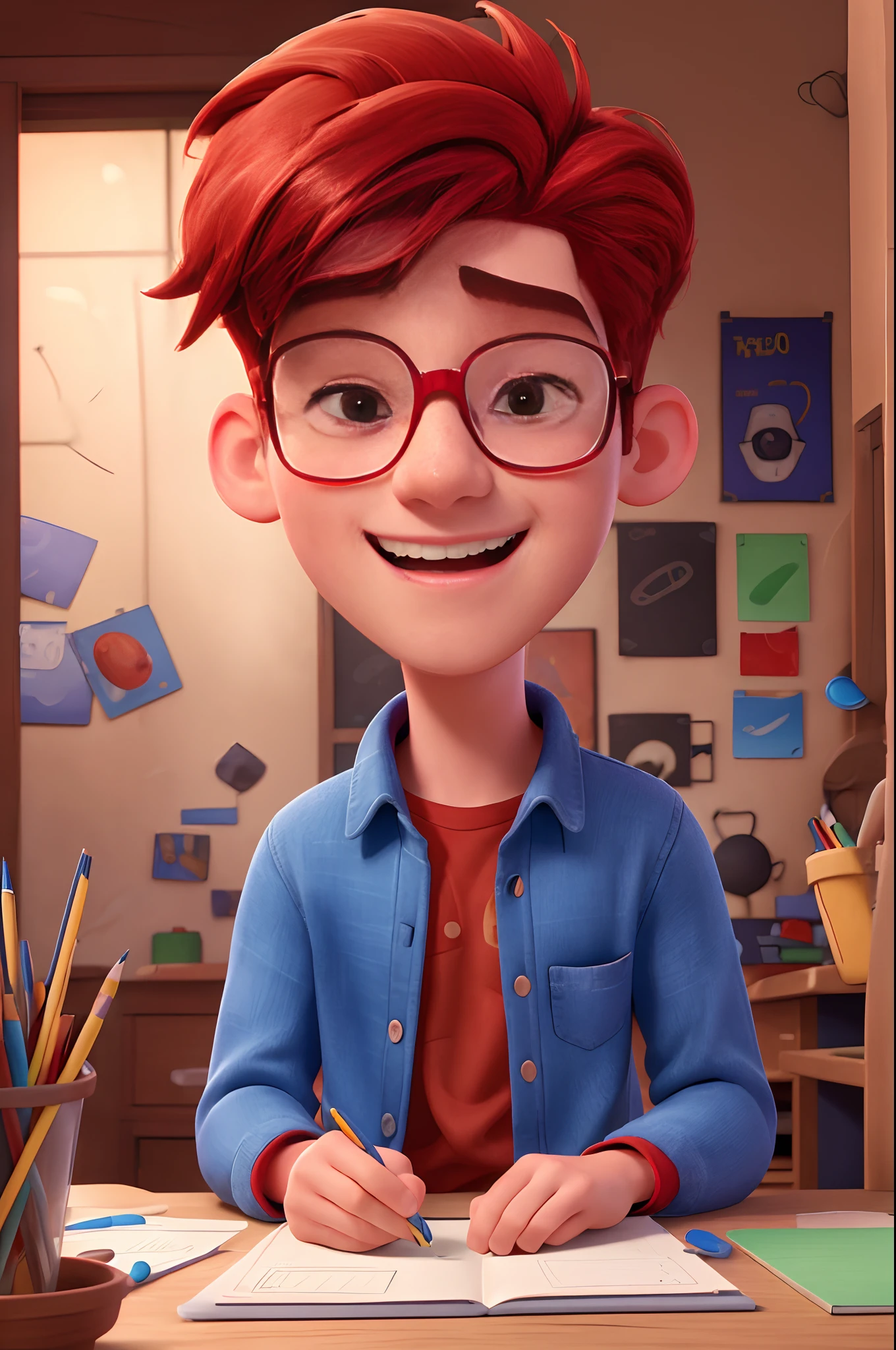 (best quality,4k,highres),a 14-year-old boy with an open mouth,red hair,round glasses,vivid colors,pencil drawing,realistic shading,detailed facial features,dynamic pose,happy expression,studio lighting.