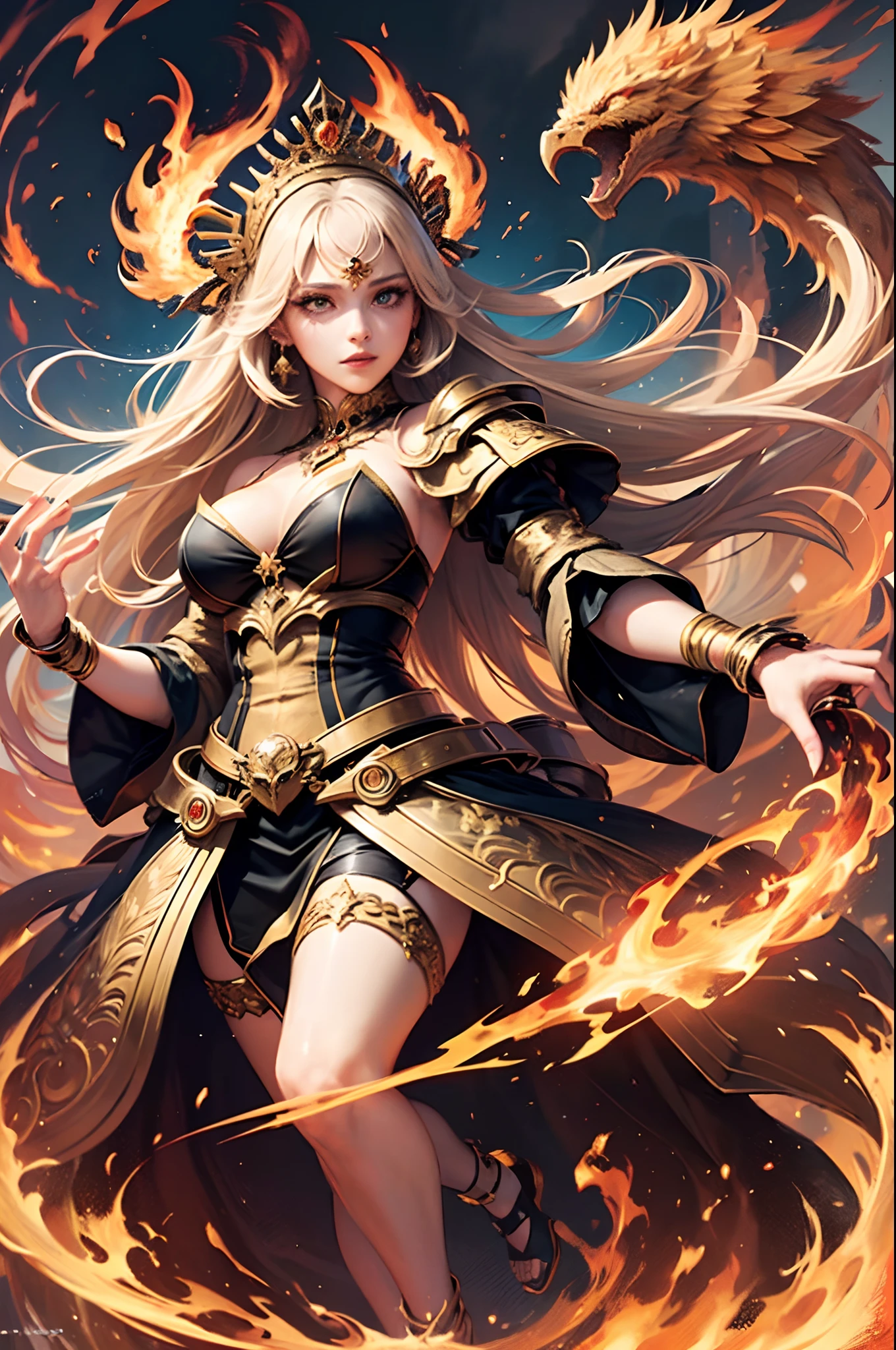 "(Masterpiece, Top Quality: 1.2), Official Art, Ablaze Goddess, Floating Pose, Holding a Fire Phoenix, Detailed Eyes (Embers Gleaming: 1.3), Intricate Fire-Themed Crown, (Fiery Dress: 1.4), Ethereal Flames Background, (Majestic Fire Aura: 1.1), (Glowing Ember Highlights)."