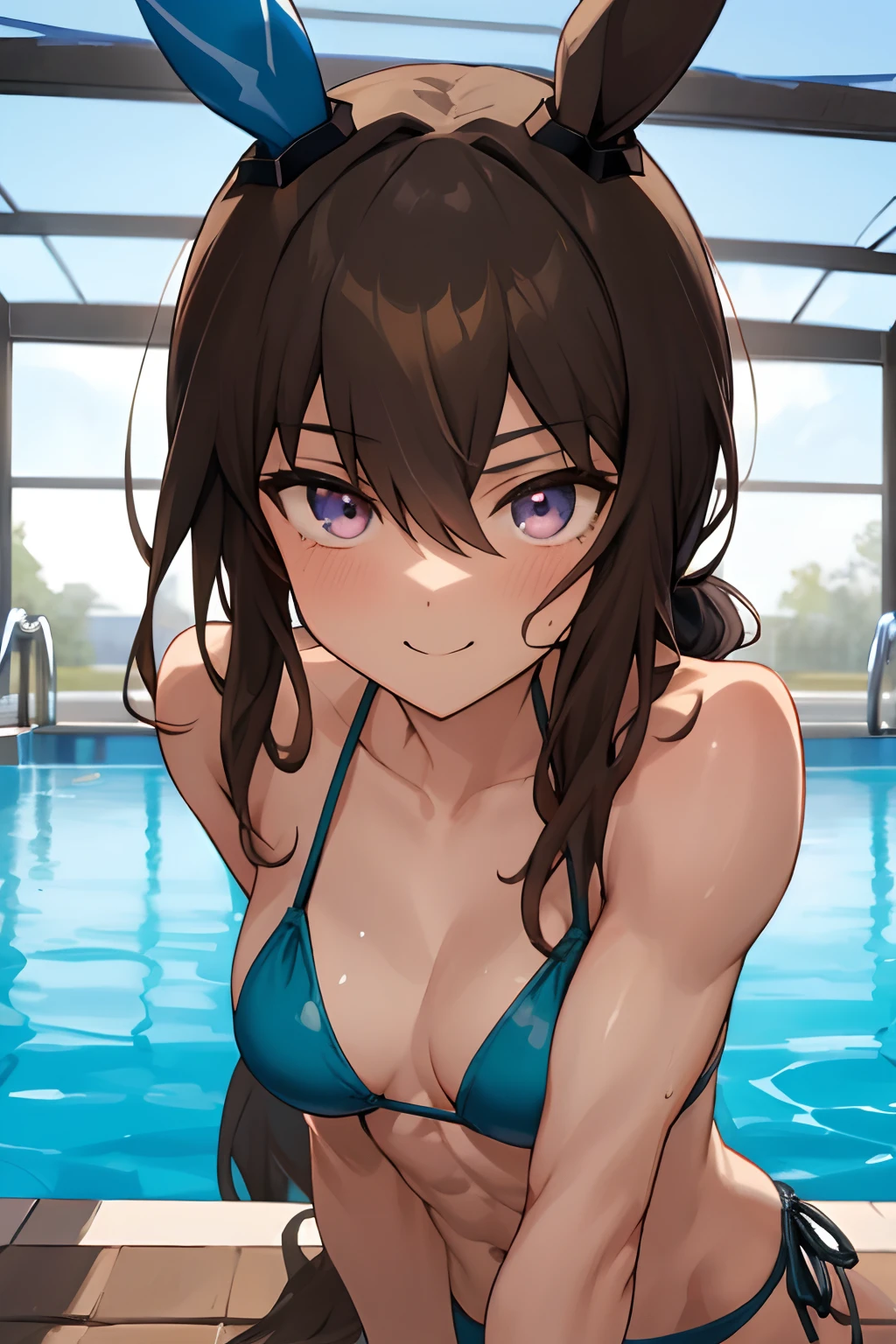 admire vega \(umamusume\), ((ultra-detailed face)), upper body, masterpiece, best quality, muscular girl, abs, plain bikini, horse tail, pool, light smile, detailed clear eyes, frontage