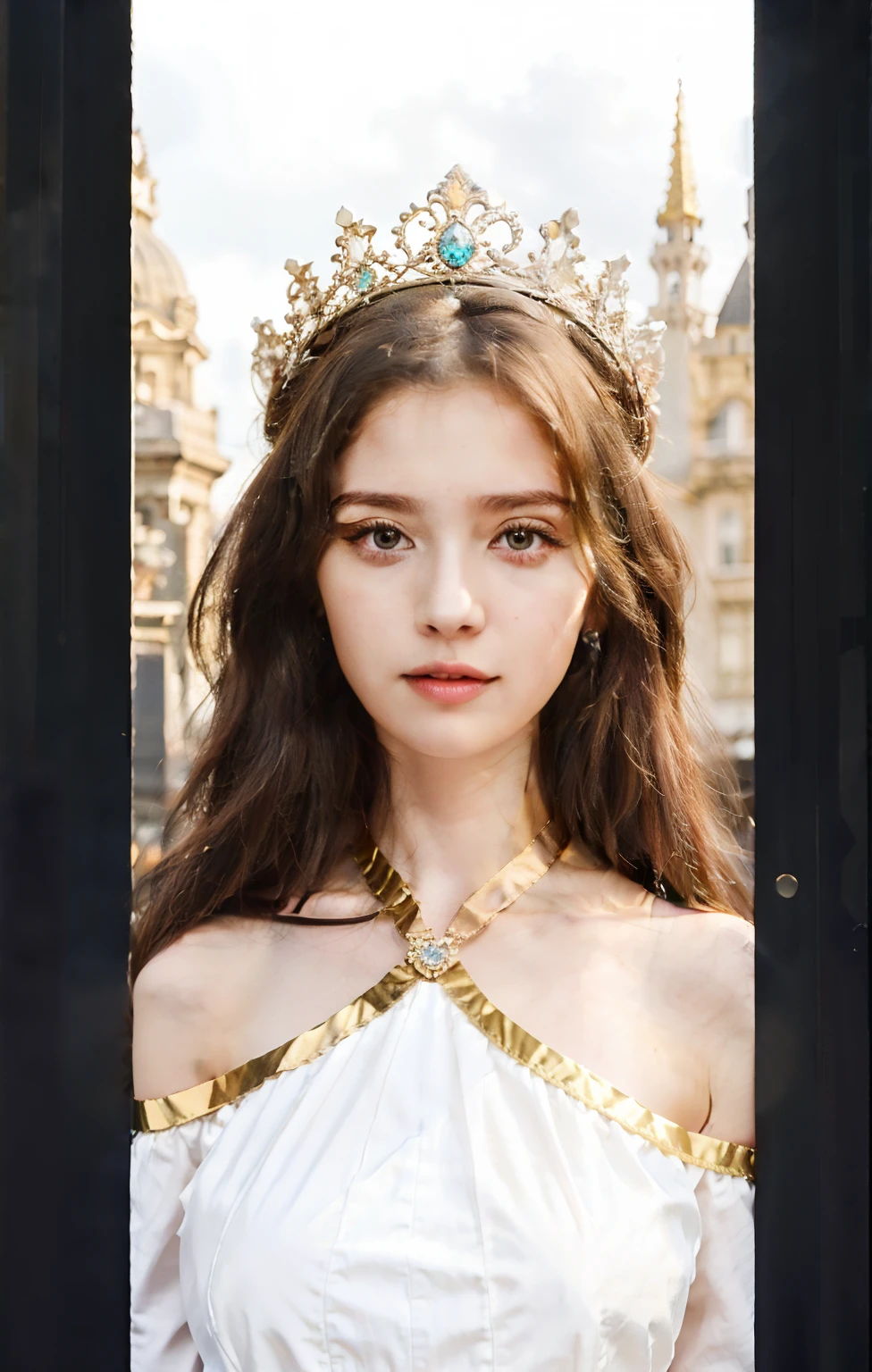 girl with long hair wearing a crown and a white dress, 25 year old girl, big tits, Realistic, city background