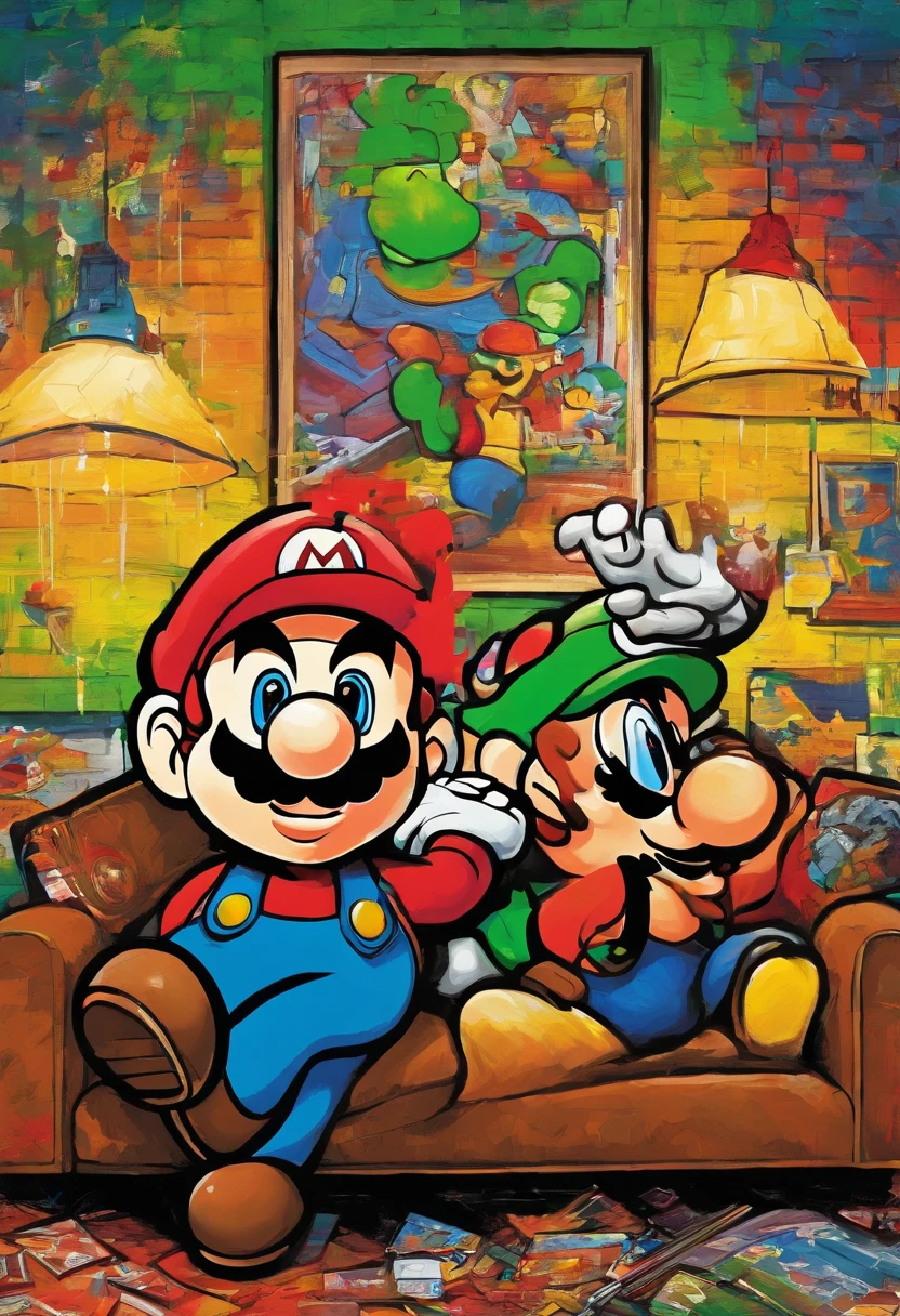 : A painting of Mario and Luigi from Super Mario Brothers, vibrant and full of life, sitting on a worn-out brown couch playing a Mario video game. Their living room is a mix of Mushroom Kingdom and a modern home, with green pipes and brick walls. The warm lighting comes from a golden coin lamp on a wooden side table. Painted with: Acrylics on textured canvas, broad and energetic brushstrokes