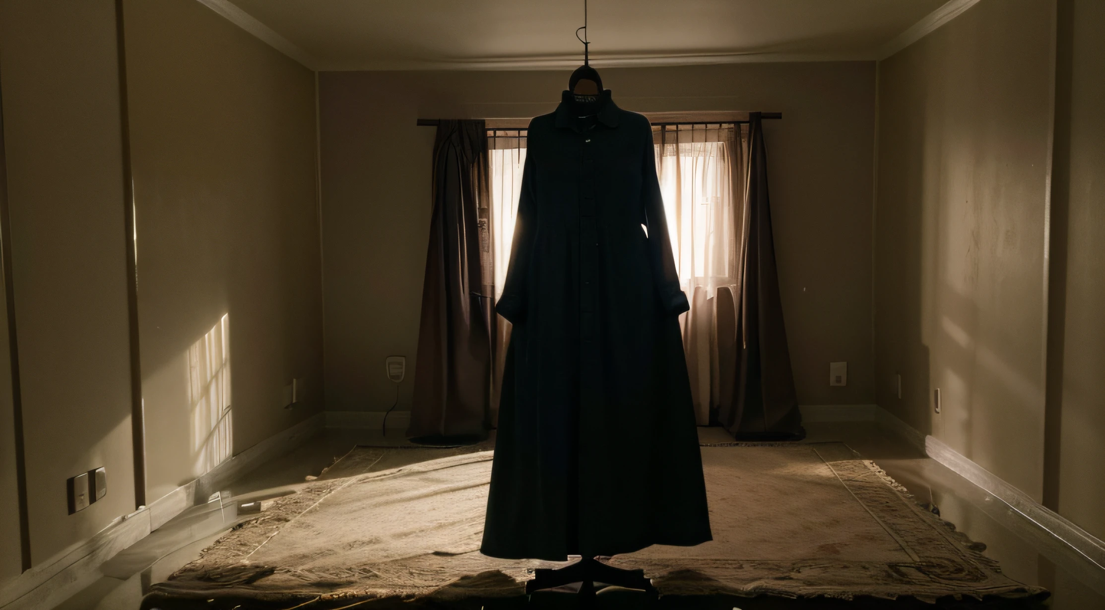 foto realista de ambiente interno de casa de noite com efeito paranormal poltergeist terror esperito cadeira e guarda roupa thumbnail imagem horizontal