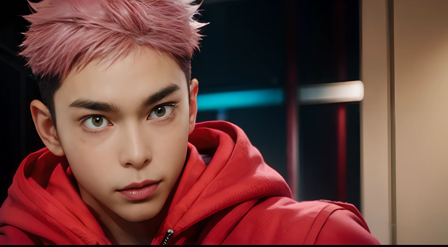itadori_yuuji, pink hair, undercut, light brown eyes, red hoodie, black long sleeve, handsome, upper body, solo, 1man, detailed face