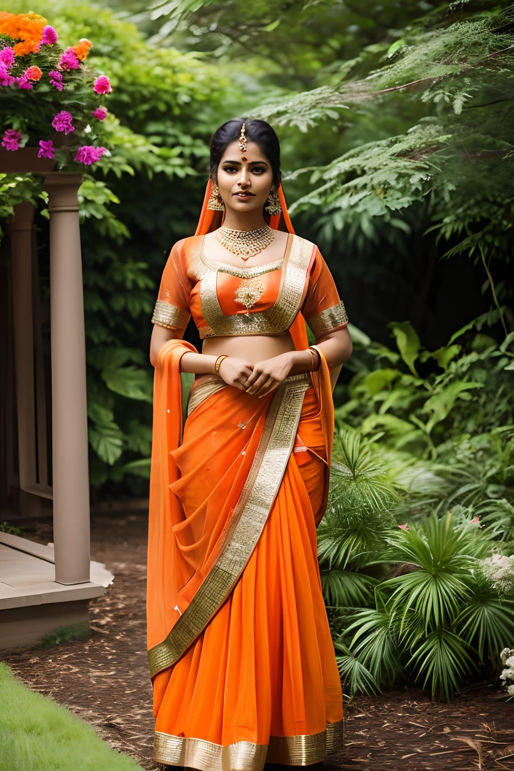 Indian woman、Female sexy、Traditional Indian costume in orange color、In the garden