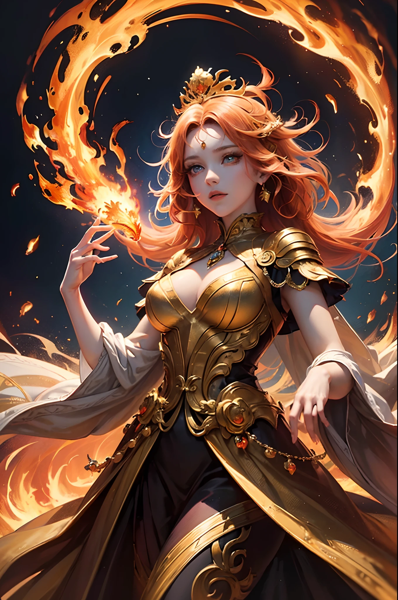 "(Masterpiece, Top Quality: 1.2), Official Art, Ablaze Goddess, Floating Pose, Holding a Fire Phoenix, Detailed Eyes (Embers Gleaming: 1.3), Intricate Fire-Themed Crown, (Fiery Dress: 1.4), Ethereal Flames Background, (Majestic Fire Aura: 1.1), (Glowing Ember Highlights)."