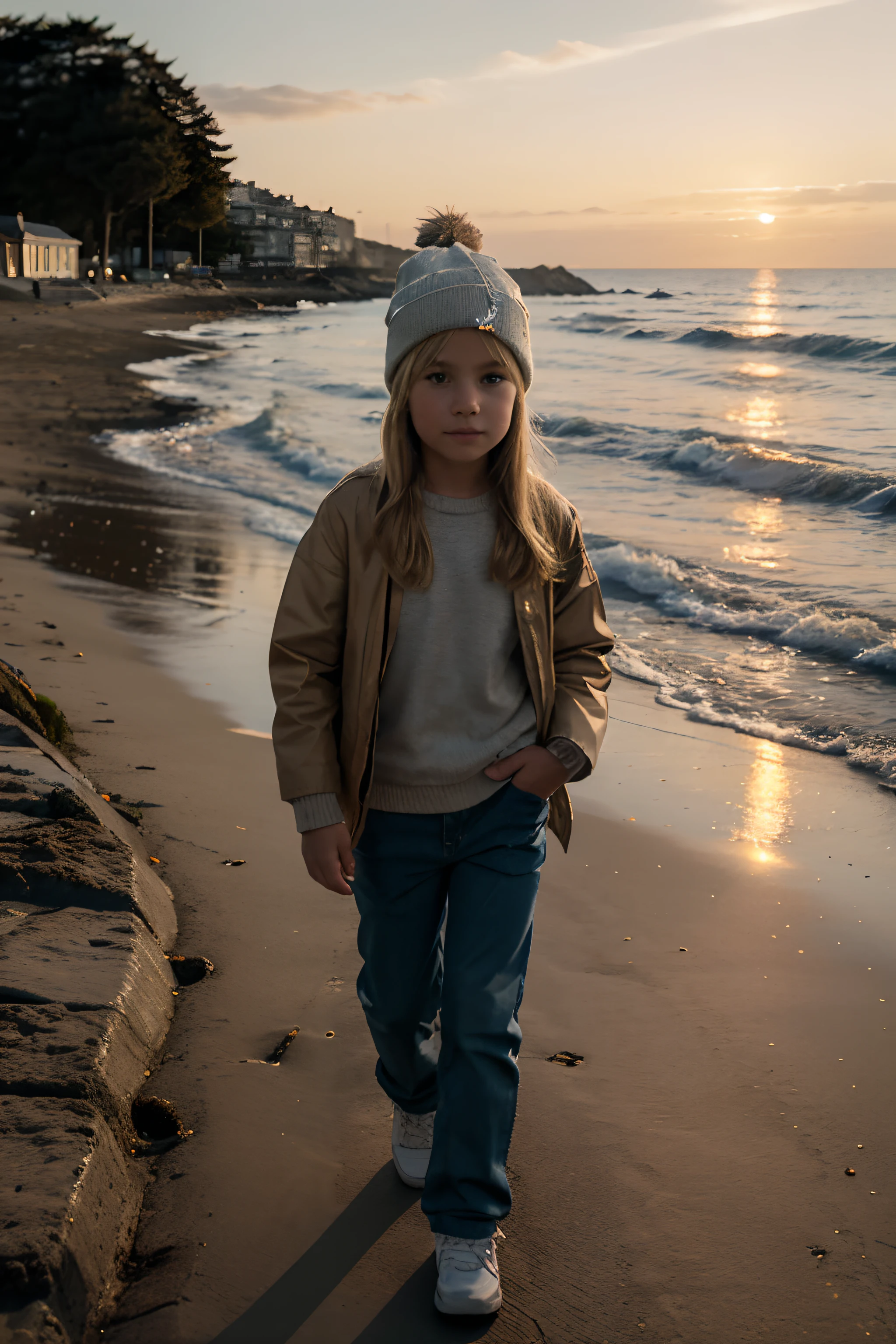 (best quality,realistic:1.2), 6--old l, European, blonde hair, Walking by the seaside, Pebble beach, sunset, Wearing pants and a jacket, Hat on head, autumn