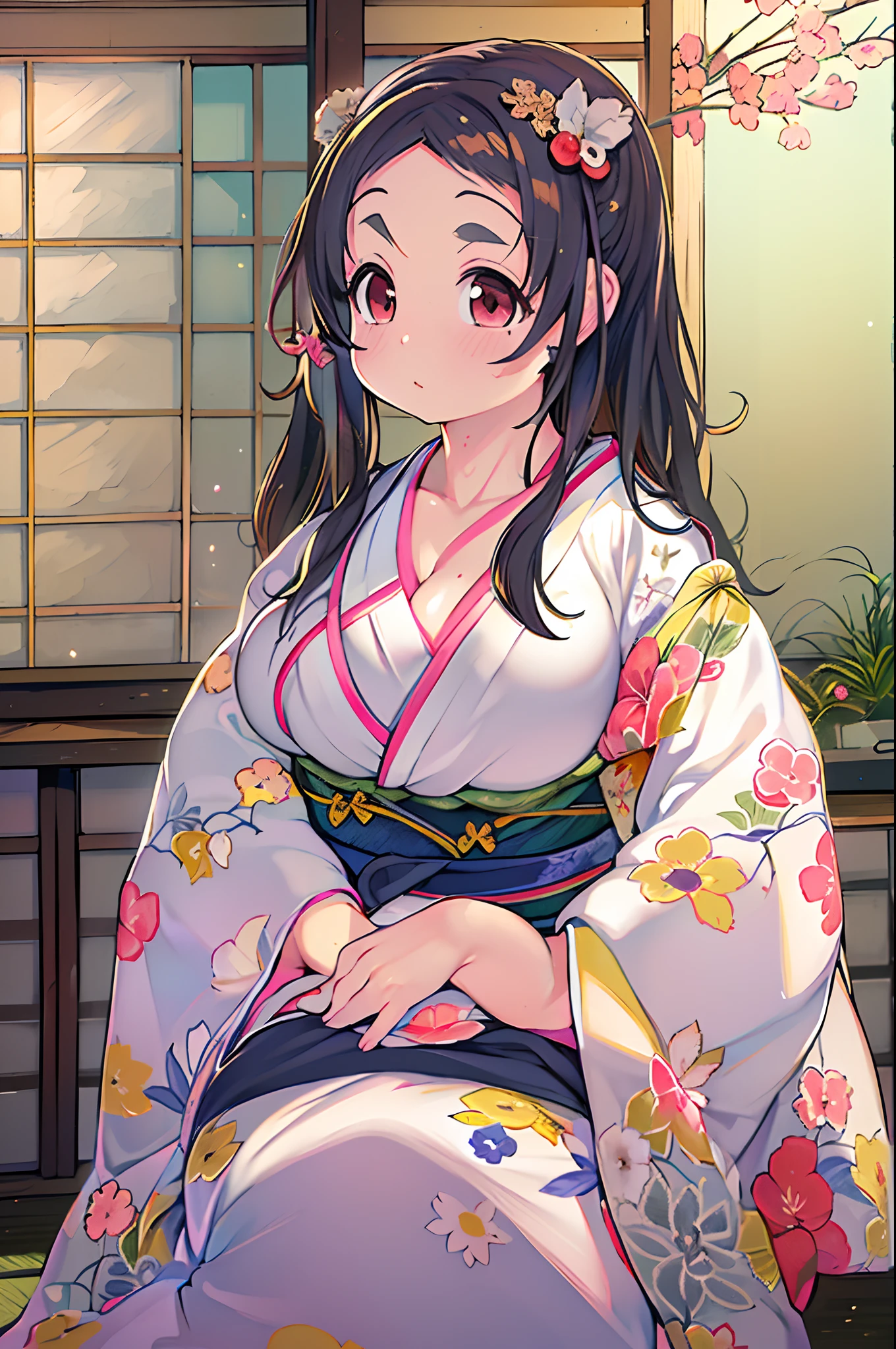 NSFW,((1 male、1 female,have sex)), Lying,black hair,small breasts,bare chest,open mouth smile,masterpiece, highest quality, High resolution,  beret,ribbon,(kimono),simple background