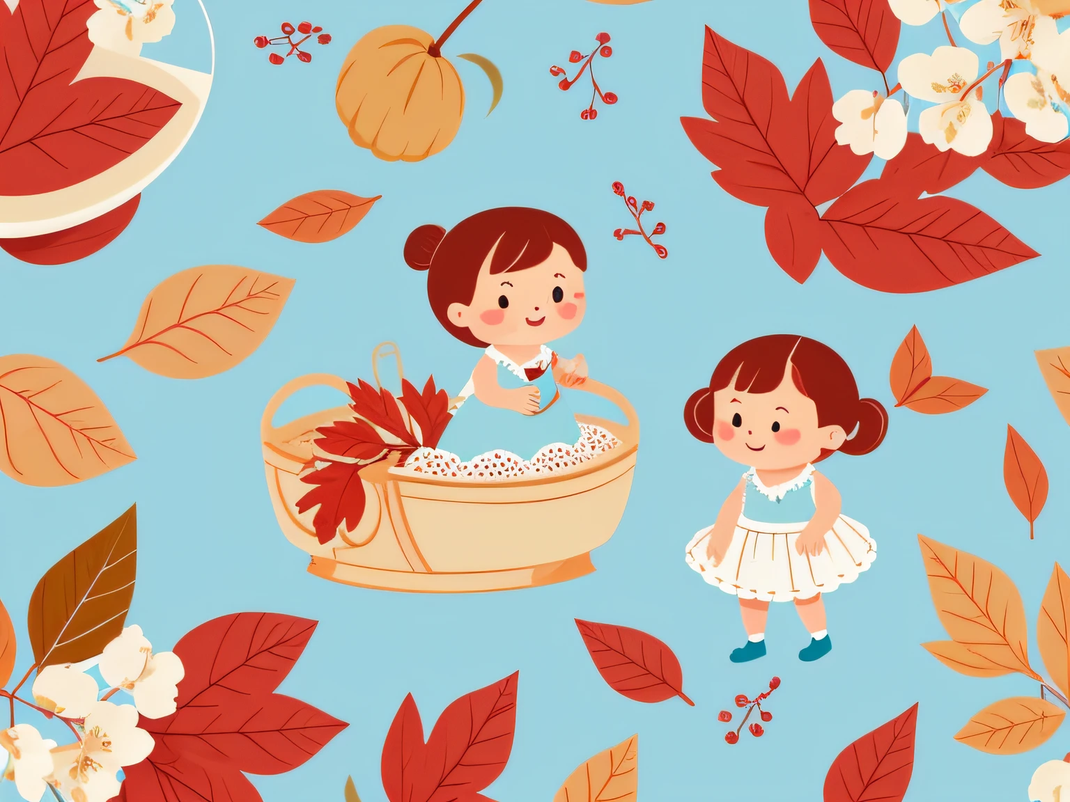 Thanksgiving wallpaper for Instagram, in the style of charming character illustrations, Light blue and beige, lit child, Reference painting, Cranberry pits, Original characters, White background