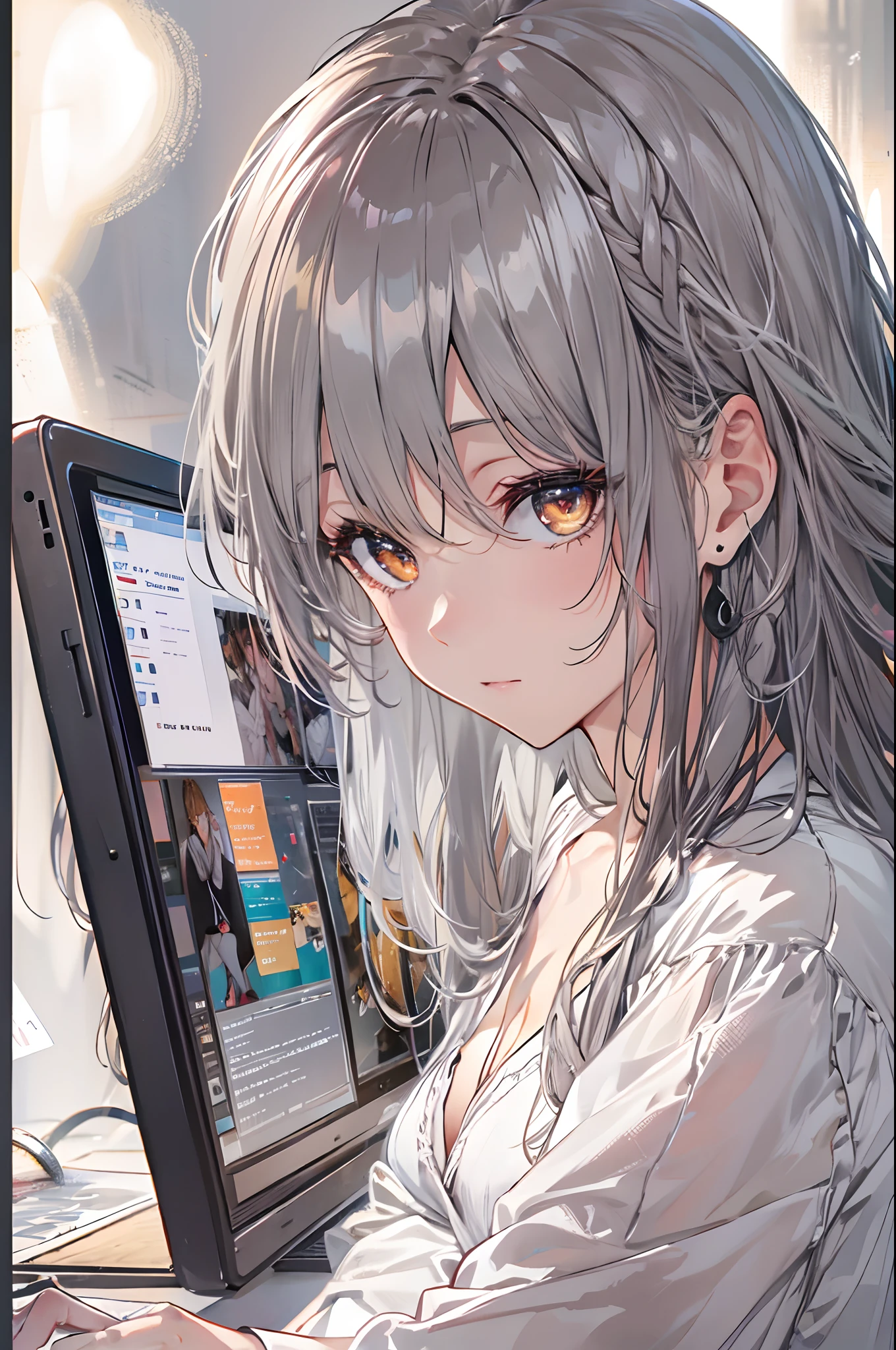 Woman using computer with big screen、silber hair、Semi-long hair,{{{{{{{{ Black Parker Oversize }}}}}}}},beautiful and delicate golden eyes,Thinking,Black clothes,