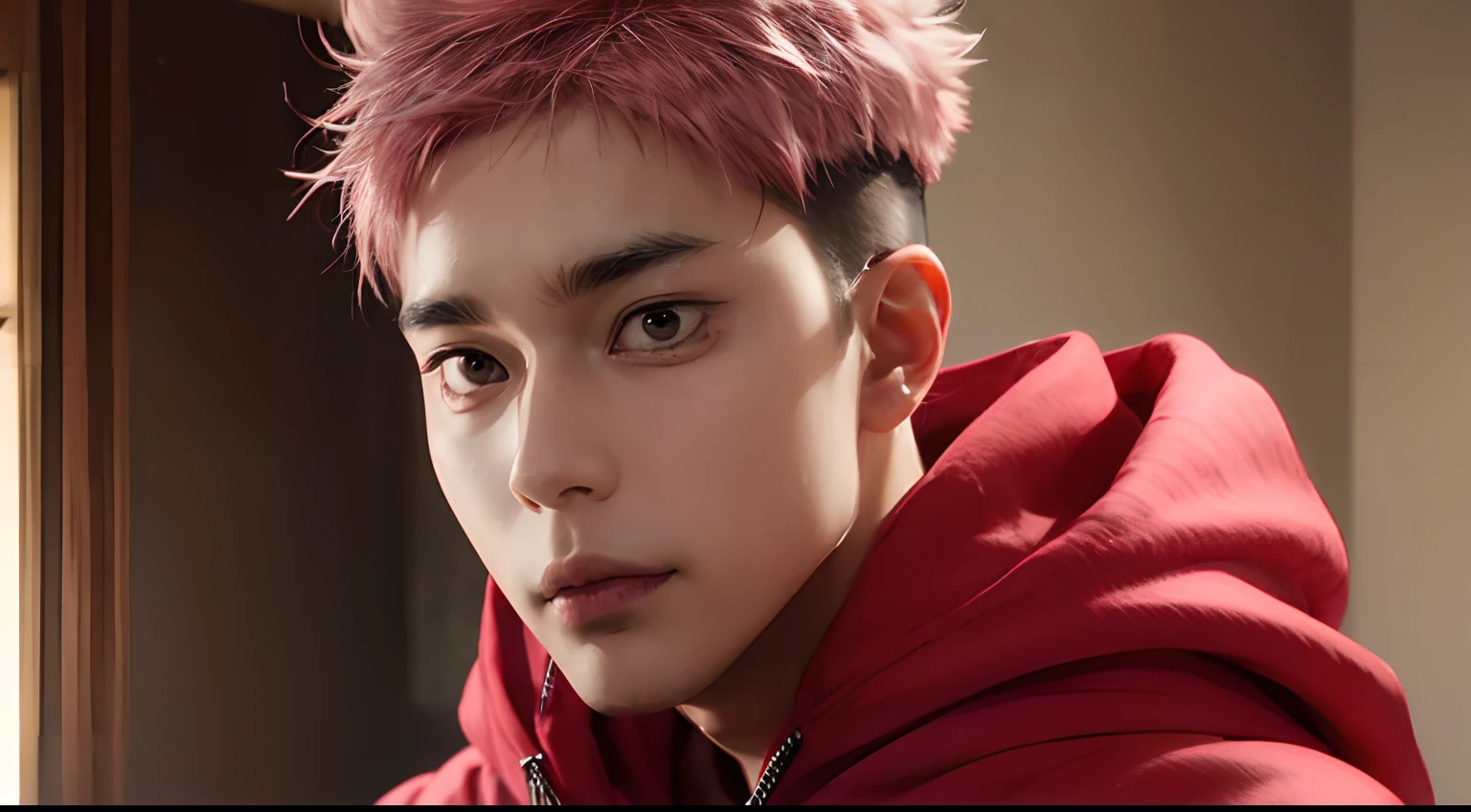 itadori_yuuji, pink hair, undercut, light brown eyes, red hoodie, black long sleeve, handsome, upper body, solo, 1man, detailed face