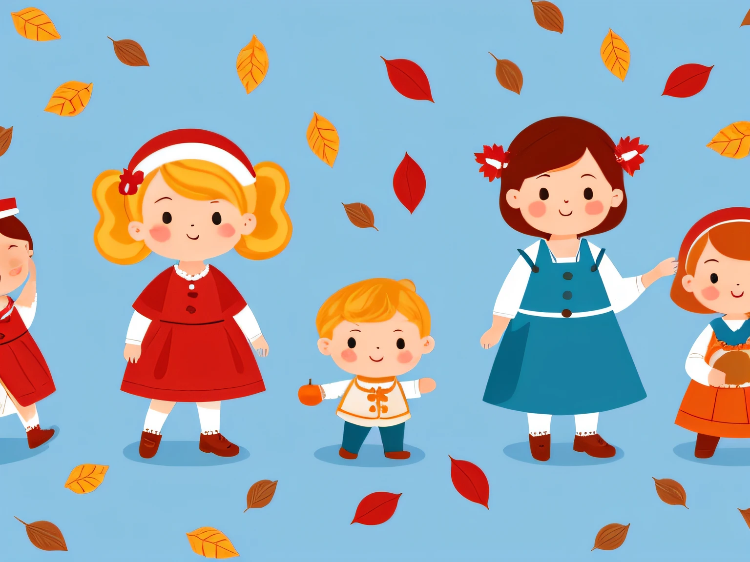 Thanksgiving wallpaper for Instagram, in the style of charming character illustrations, Light blue and beige, lit child, Reference painting, Cranberry pits, Original characters, White background