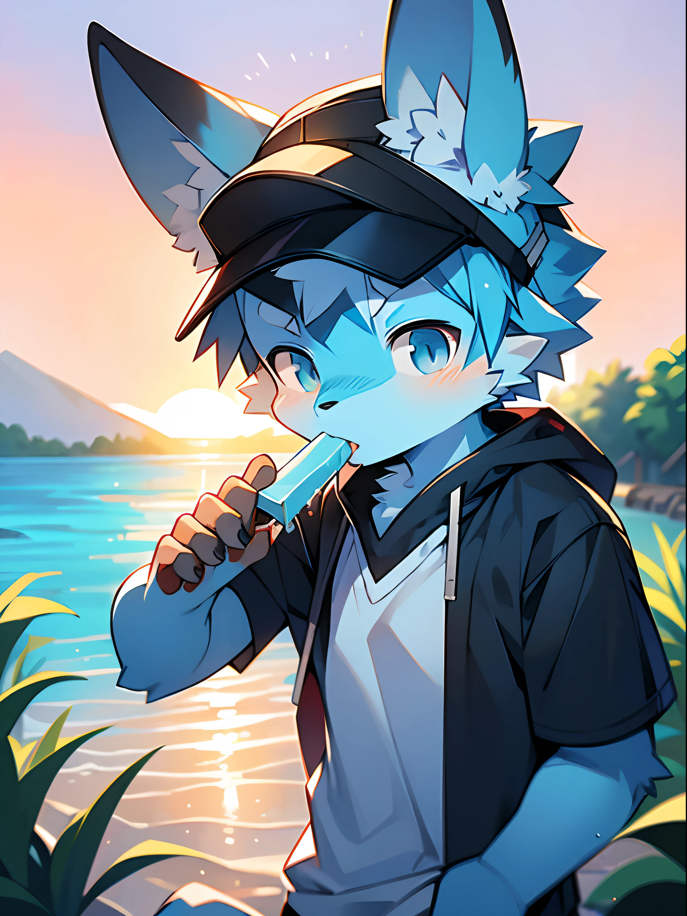 author：Jrjresq, author：Kirito, mammal, Furry, Male, Solo, wears, visor, Lick popsicles, Summer,Hazy light and shadow, Reflective skin，Outdoor sunset，((the detail))，（depth of fields），light blue  hair，The left ear is blue，The right ear is purple