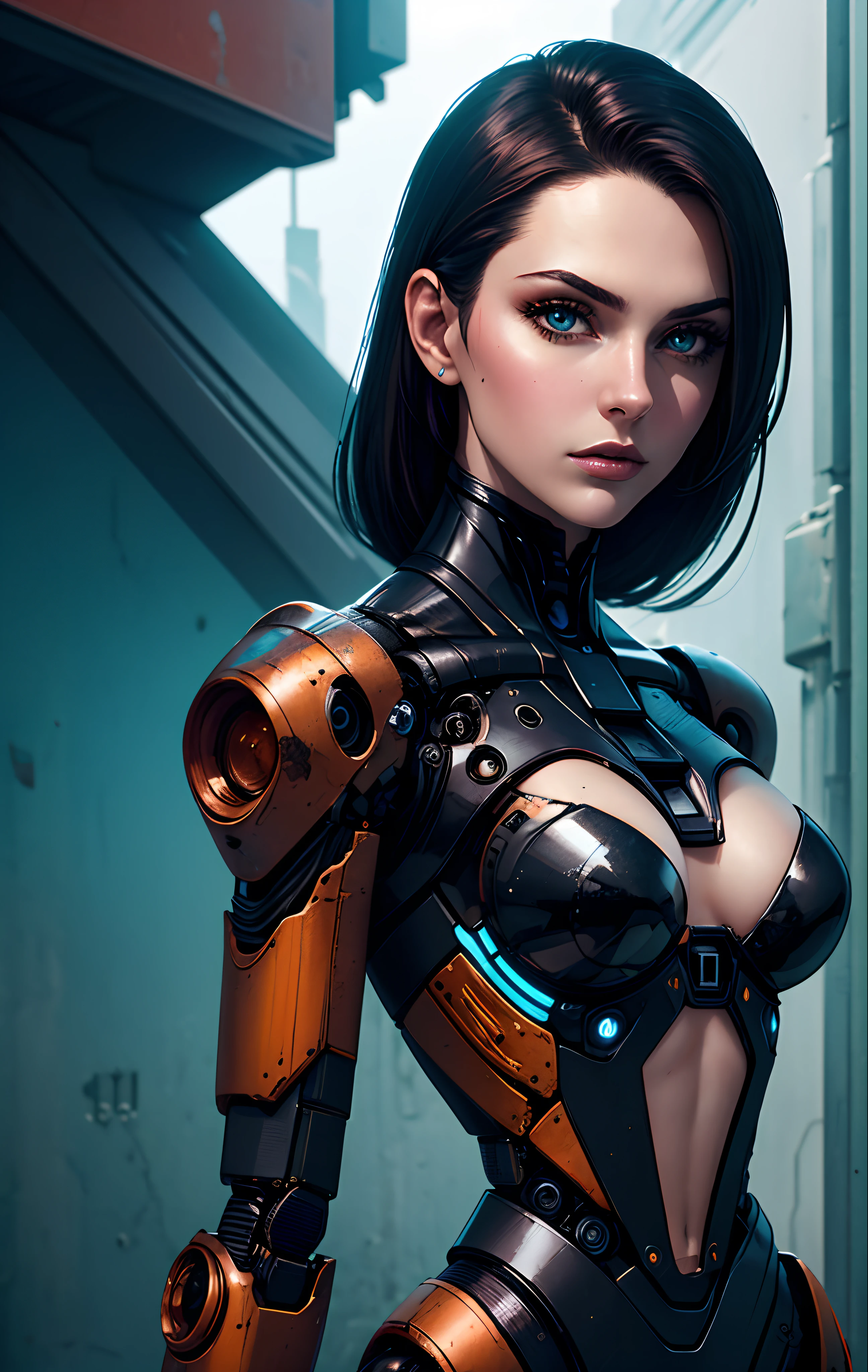 sci-fi anime photography with simple colored backdrop of, a supermodel that is half android half human doing model poses, award winning style model photography, the android robotic parts are old rusty and ugly juxtaposed against the beautiful human model