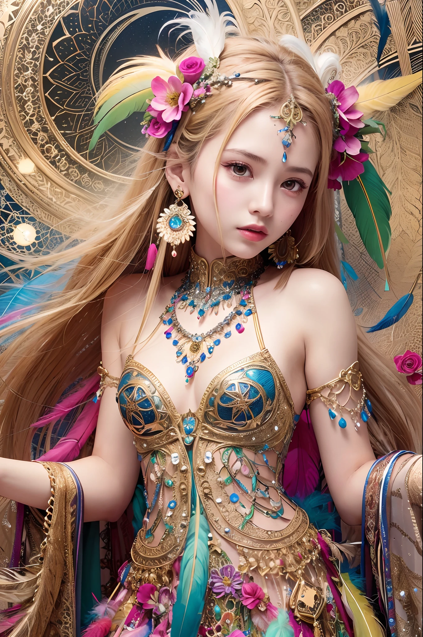 A girl with small breasts, bare shoulders, golden hair, colored feathers, metal ornaments, colored flowers, particles, light rays, (masterpiece, top quality, best quality, official art, beautiful and aesthetic:1.2), (1girl:1.3), extremely detailed,(fractal art:1.1),(colorful:1.1)(flowers:1.3),highest detailed,(zentangle:1.2), (dynamic pose), (abstract background:1.3), (shiny skin), (many colors :1.4), ,(earrings:1.4), (feathers:1.4)