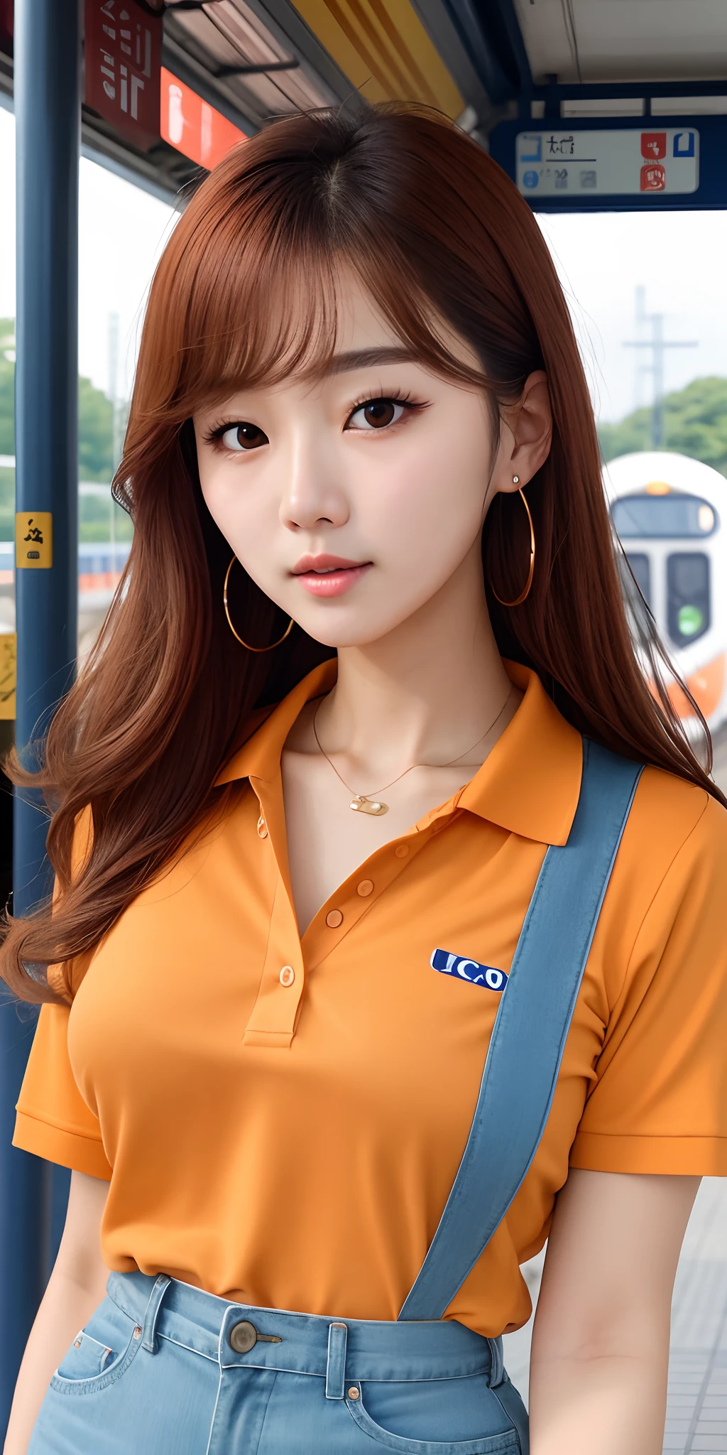 realistic photos of (1 cute Korean star) flipped hair, thin makeup, medium breasts size, orange polo shirt, at the train station, clear facial features of Canon EOS, 16k, high resolution, sharp and realistic details,  overexposure, cut-in, UHD, highres, best quality