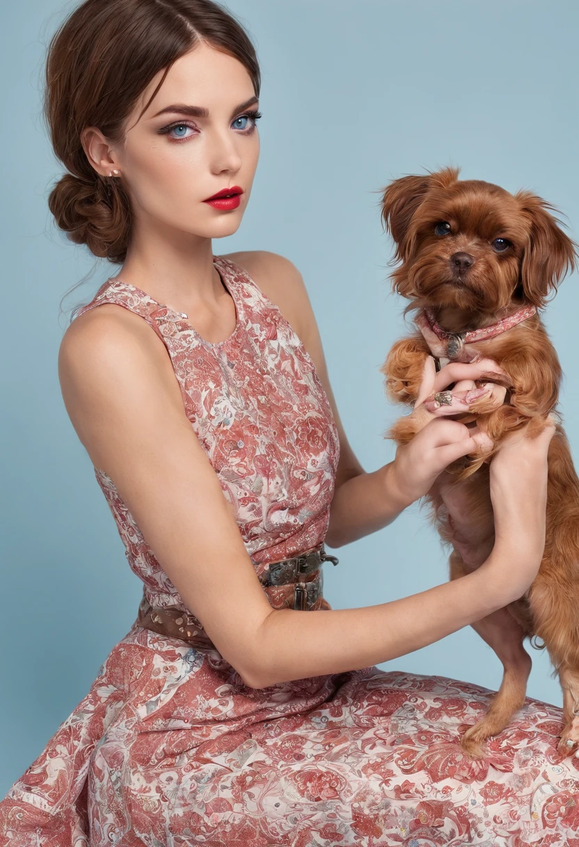 mulher loira, cabelos longos e cacheados, vestido vermelho, Blue eyes doing her nails and a small hairy dog on her feet, corpo quente