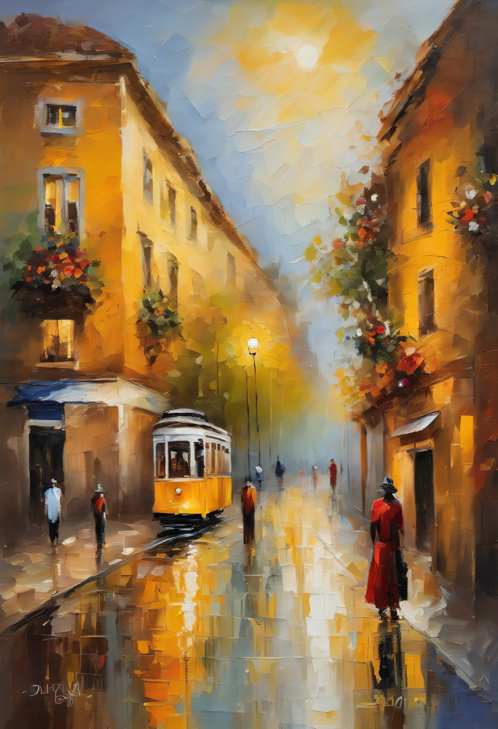masterpiece、top-quality、sunset、stroll。pup、exquisite and detailed drawings, yellow tram in Lisbon city, sunny, rich, classy, opulent, Lisbon street, with light glowing、Happiness、Fresh evening sunset、stroll、landscape size