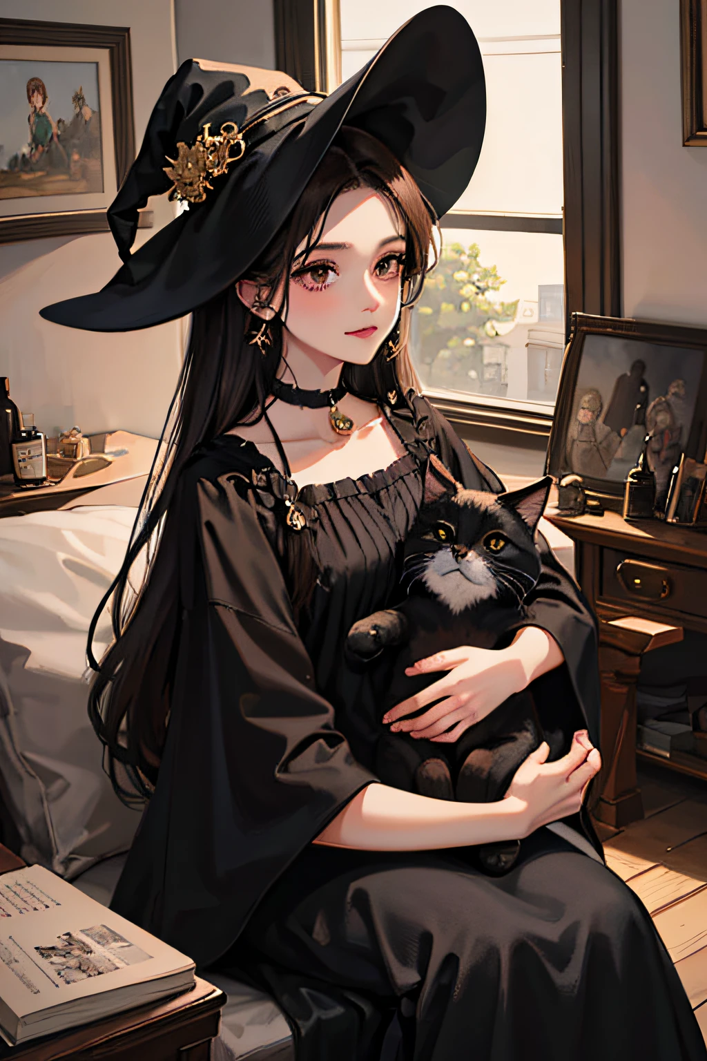 Masterpiece, Best quality,1 witch, Blackn clothes, long skirt, cabelos preto e longos, mistic, Young, Brown eyes, Masterpiece, Holding a black cat, Holding a cat in his arms, There is a crystal ball in the background, Medicine bottles of different colors in the background, Light smile, anime illustration, (illustration: 1.5)