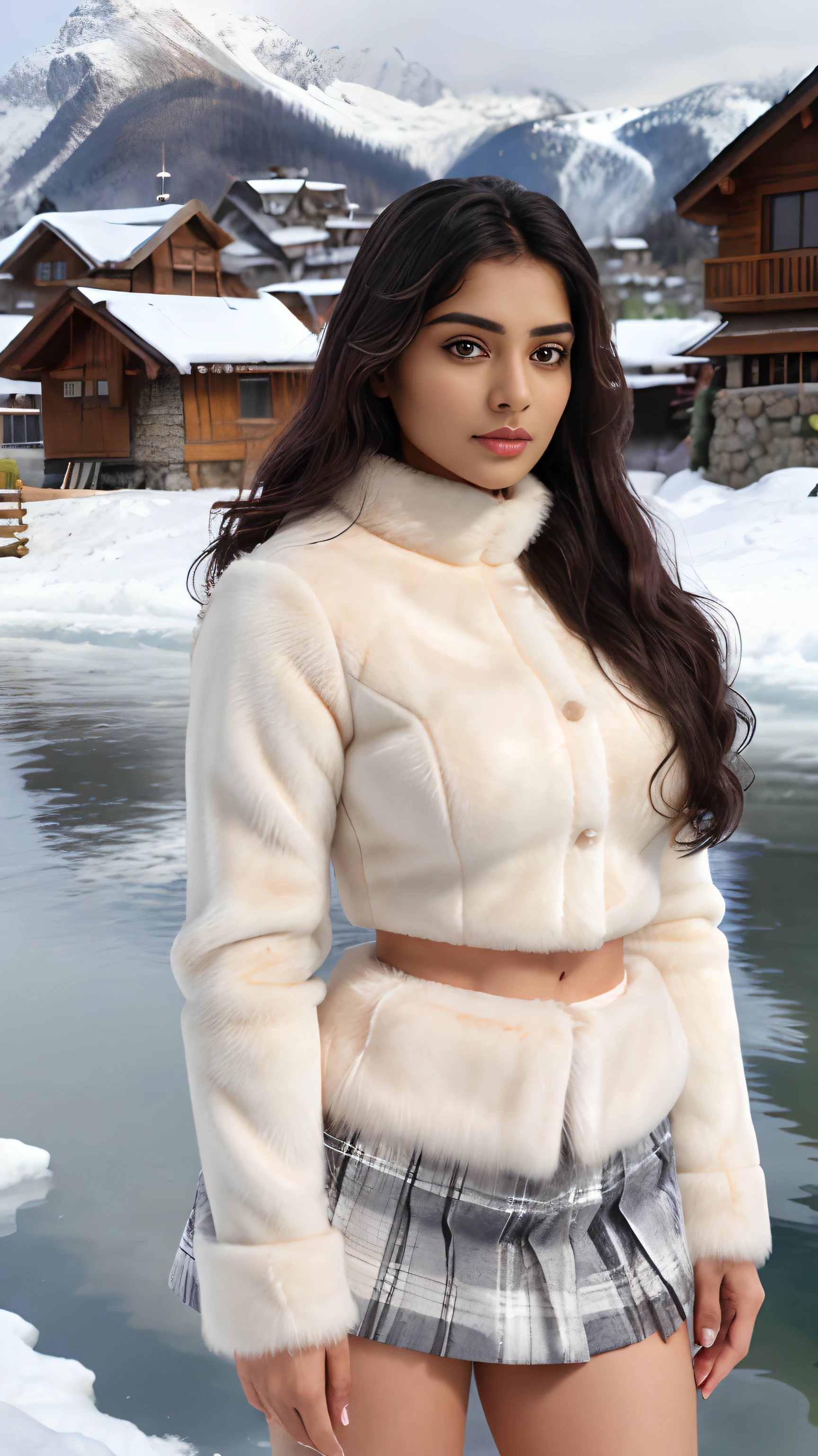 Beautiful indian woman posing, photoshoot pose, portrait, wearing fur coat and short skirt, standing on ice, winter, detailed face, cute, big eyes, iconic, photorealistic, mountain village, detailed background, sexy winter clothing, long wavy hair, curvy body, symmetric face, masterpiece, 8k, ultra realistic