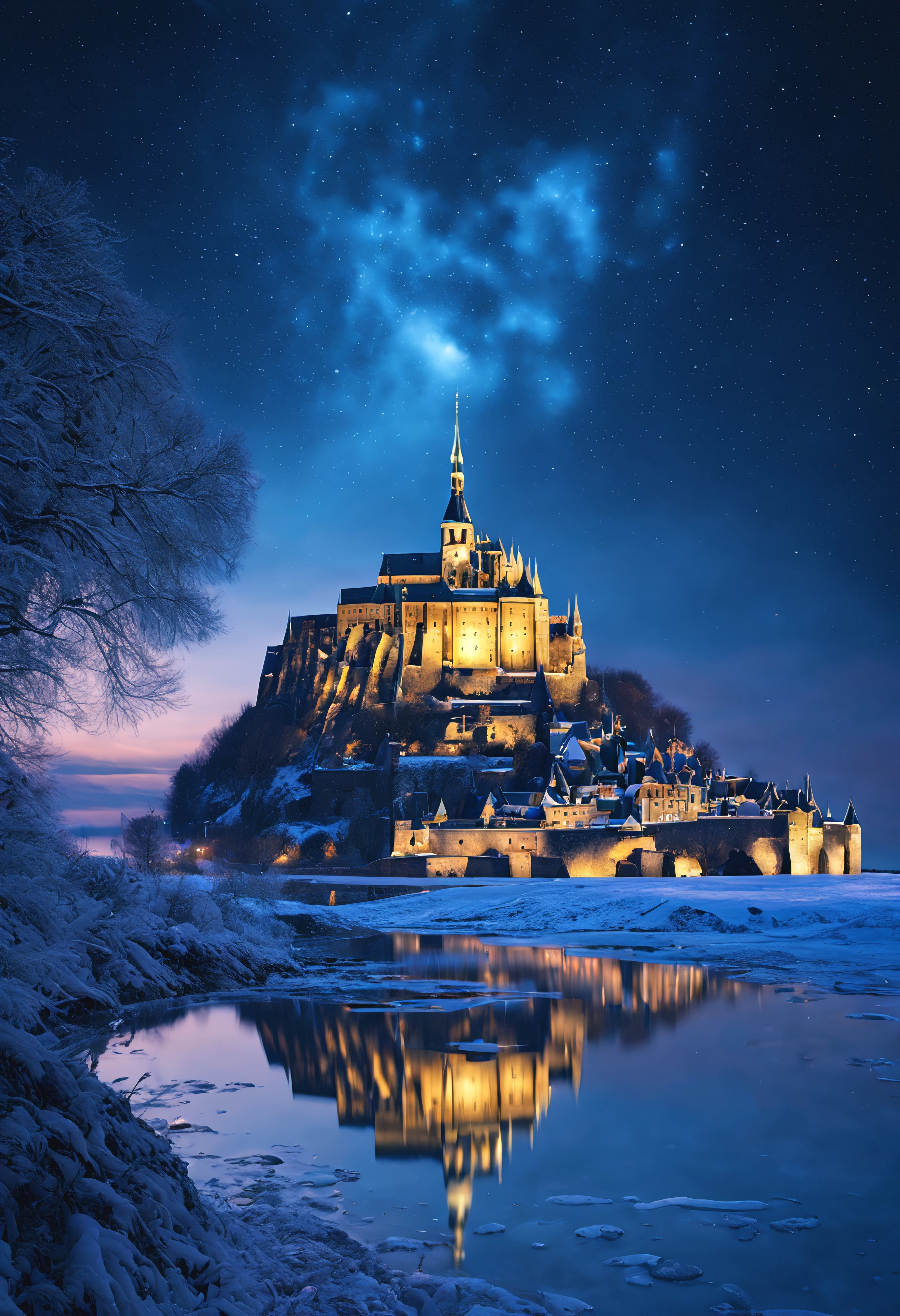 (high quality,4k,8k,highres,masterpiece:1.2),ultra-detailed,(realistic,photorealistic,photo-realistic:1.37),Mont-Saint-Michel reflection on frozen water,night,castle,water,icy reflection,glowing lights,frozen river,mystical aura,majestic,ethereal,Aurora Borealis dancing in the night sky,stars shimmering,vivid colors,cosmic,peaceful,snow-covered surroundings,glistening snowflakes,serene silence,quiet beauty,enchanted,moonlit atmosphere,deep blue tones,impressive architecture,ancient charm,medieval,fantasy concept,frozen magic,wonderland,surreal,French landmark,castle on a hilltop,mirrored reflection,tranquil,peaceful,stillness,landscape,beauty in simplicity,romantic setting,element of mystery and awe,captivating,otherworldly,daydream-like,vibrant,enchanted winter,feeling of serenity,touch of enchantment