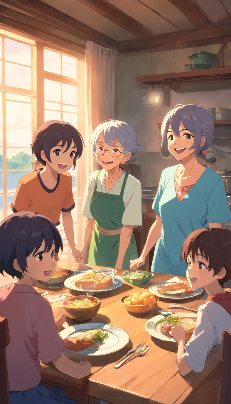 The old woman and the kids are at the dining table and laughing