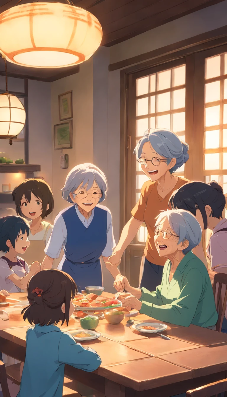 The old woman and the kids are at the dining table and laughing