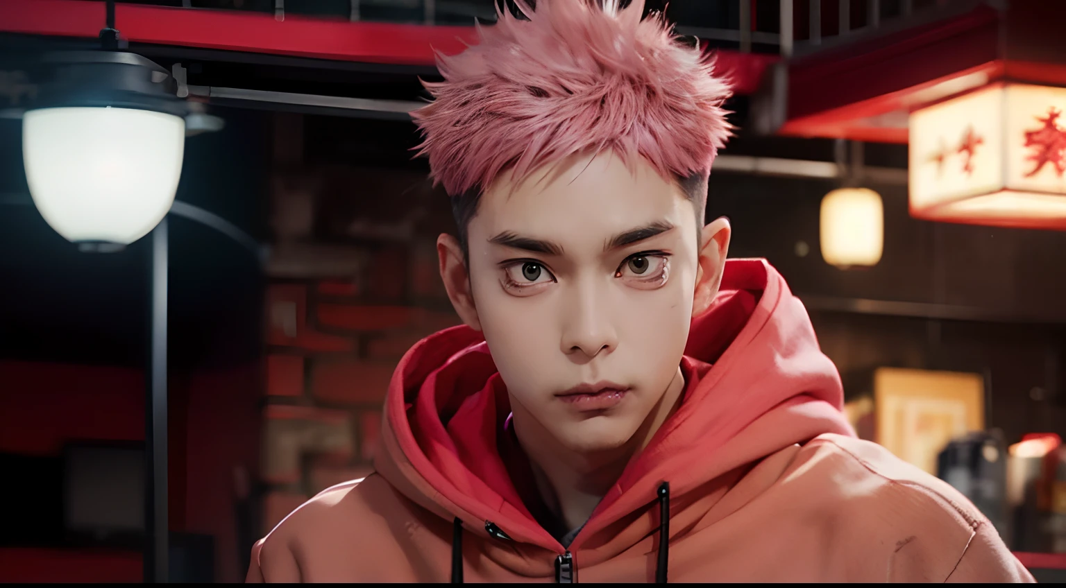 itadori_yuuji, pink hair, undercut, light brown eyes, red hoodie, black long sleeve, gakuran, handsome, upper body, solo, 1man, detailed face