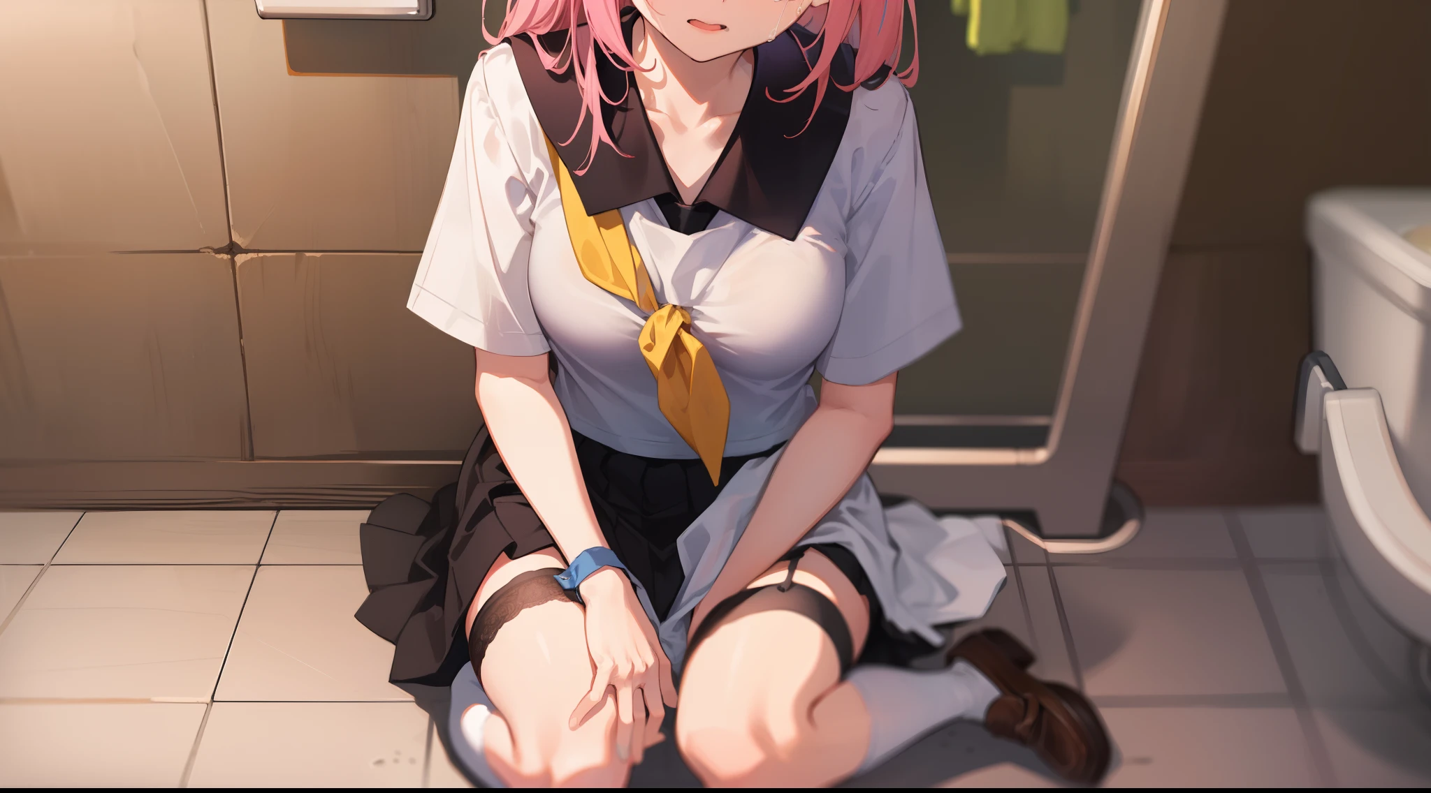 One long hair，Girl in swimsuit，Pink hair，looks away，sitted，embarressed，Be red in the face，weeping，Mouth closed，‎Classroom（Girl leaking urine）Large breasts expose