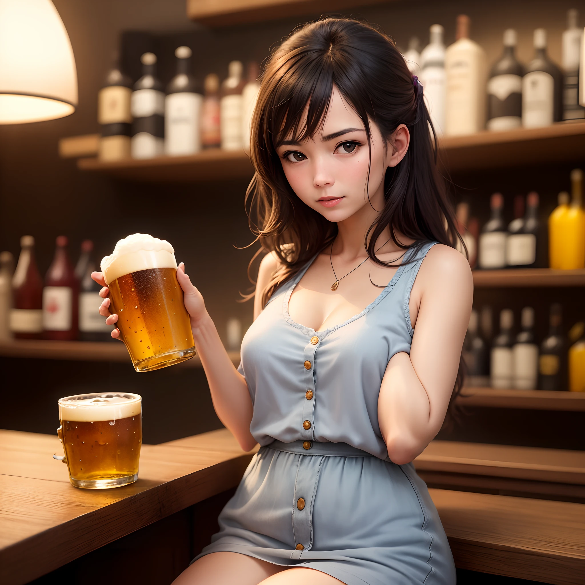 In the bar, a woman holds a beer