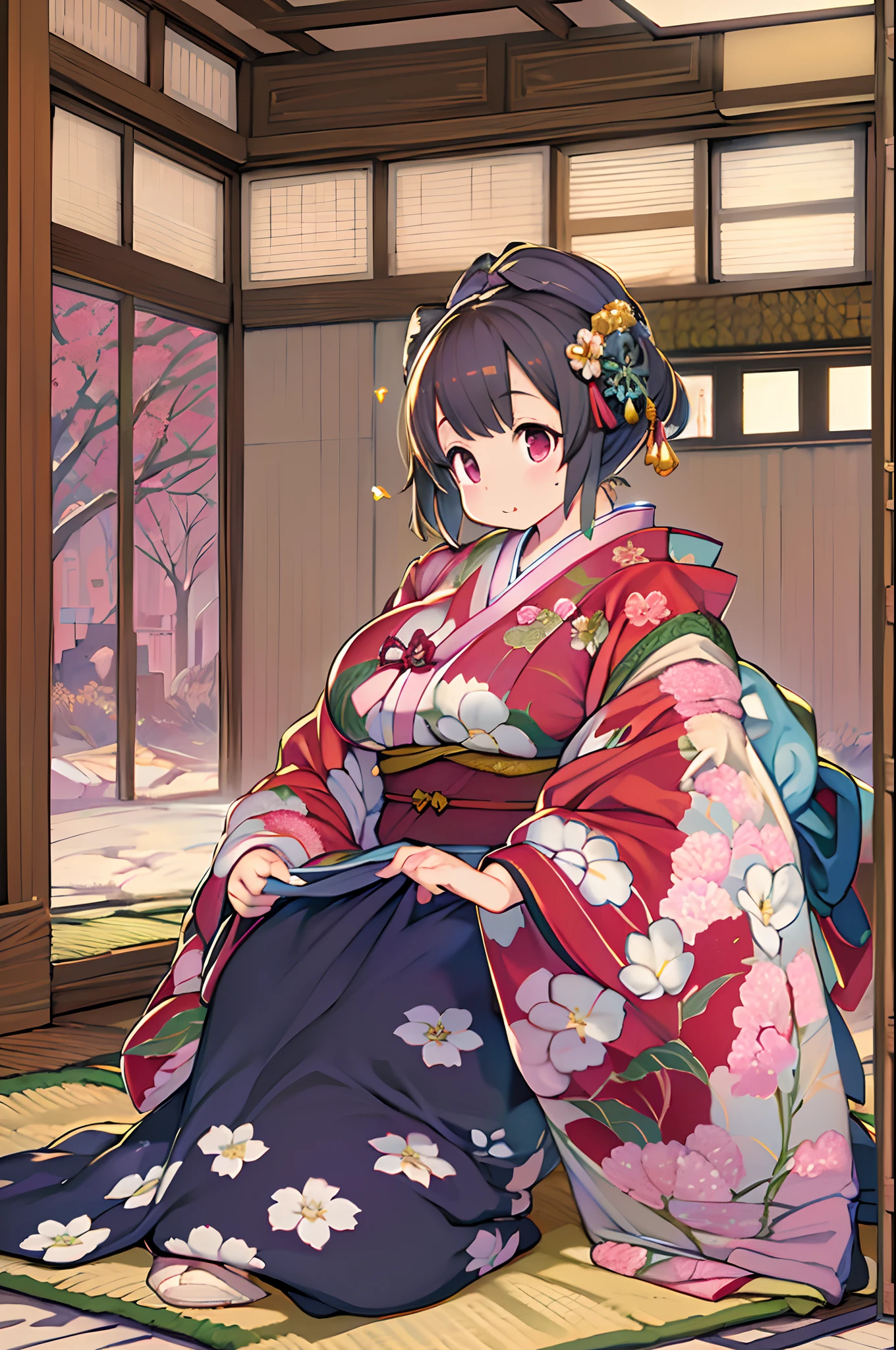 (8K, Best Quality, masutepiece, Ultra high definition: 1.2),Kimono,traditional Japanese room,Hakama,fullllbody、huge-breasted、bbw、BBW、Anime style、Chubby