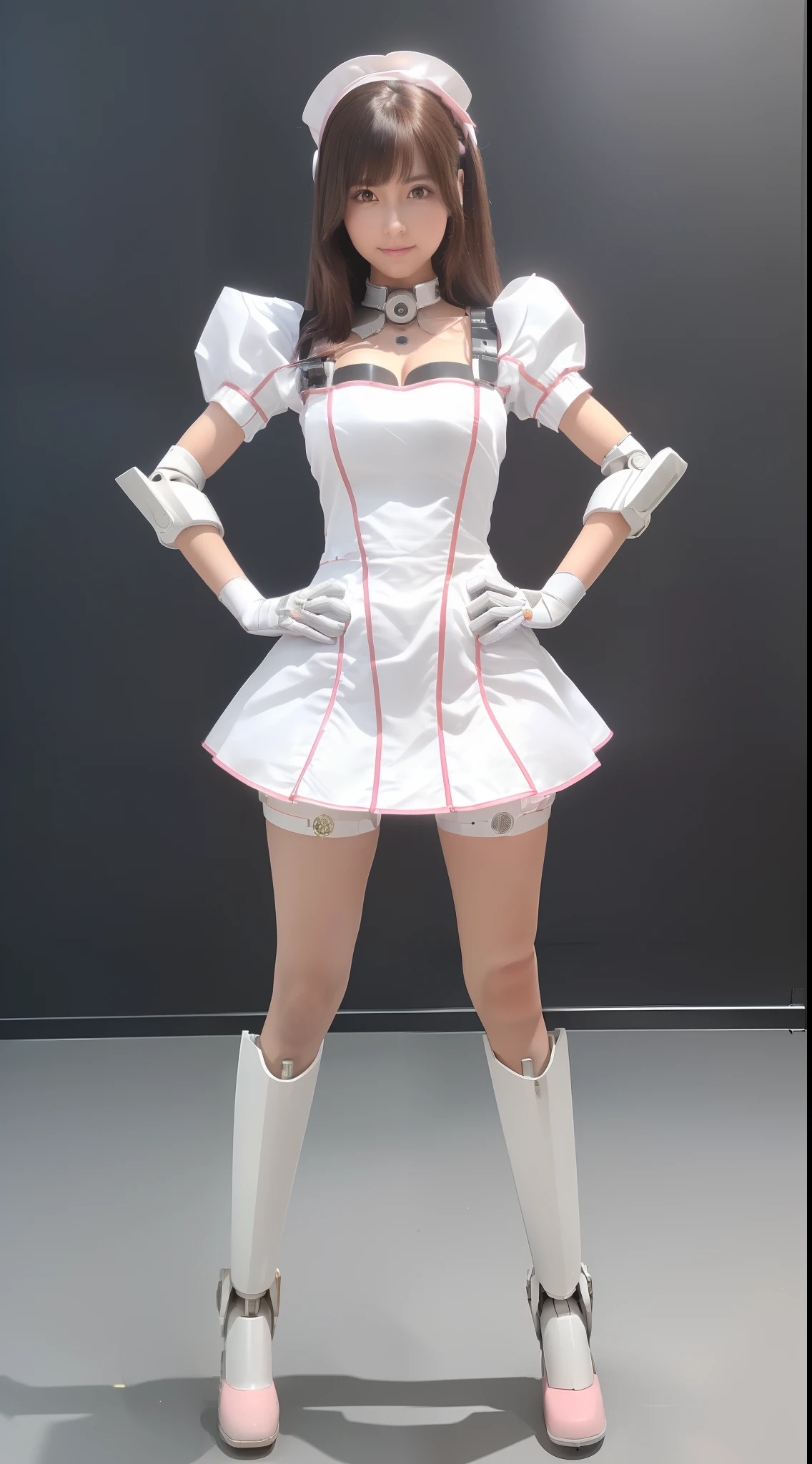 ((masterpiece)), ((top-quality), High quality, ultra-definition, Realistic, full color , One beautiful maid robot woman, Joints of machines, Frame of the machine, Thick wire joints, Pink Maid Dress Machine Armor、(Curvaceous face), Brown Straight Hair, Wide Shot、((Electronic substrate)),(Perfect Robot Girl),(Perfect machine body),(Slender body),(Well-proportioned girl),(Standing with legs open),(Hands on hips)