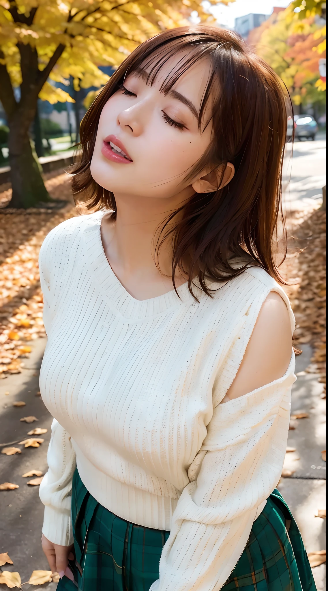 (Raw photo) Winters,Snowy landscape,Beautiful 20s shoulder length sweater,lacepantyhose, White underwear, random color,Long sweater,cum on、cum on、feels good、Raw photo with both eyes closed, kawaii faces、full body Esbian、Camisole、Facing up、plus size model、Chubby belly、thick waist、thick thight、Big ass、25-years old、Big breasts that are about to burst、Eyes closed、Deep sadness、look up sky、Opening Mouth、 depth of fields,Real Light,Ray traching,OC Renderer,UE5 Renderer,Hyper-realistic,best qualtiy,in 8K,Works of masters,Autumn landscape、A lot of fallen leaves are falling、The color of fallen leaves is red and orange、Trees with autumn leaves、The color of autumn leaves is orange、.