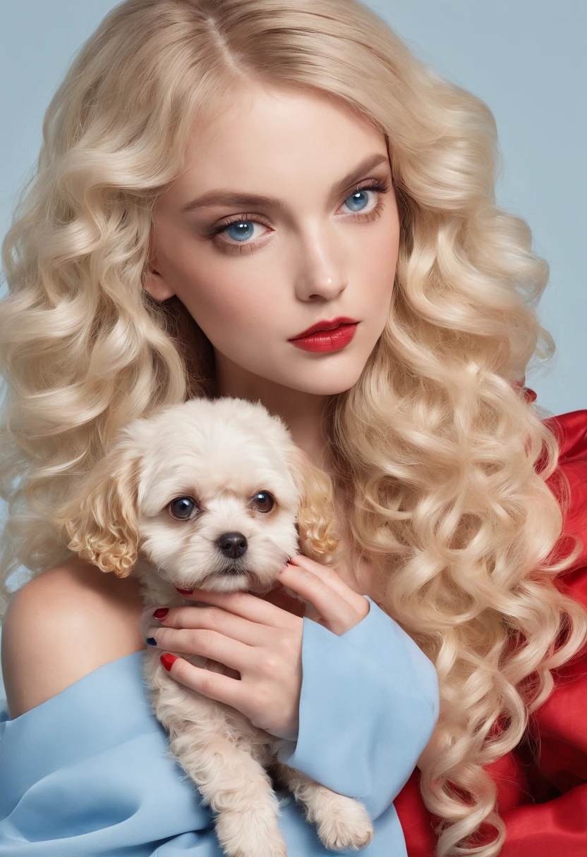 Blond girl, curly hair, red dress, Blue eyes doing her nails and a small hairy dog on her feet, corpo quente