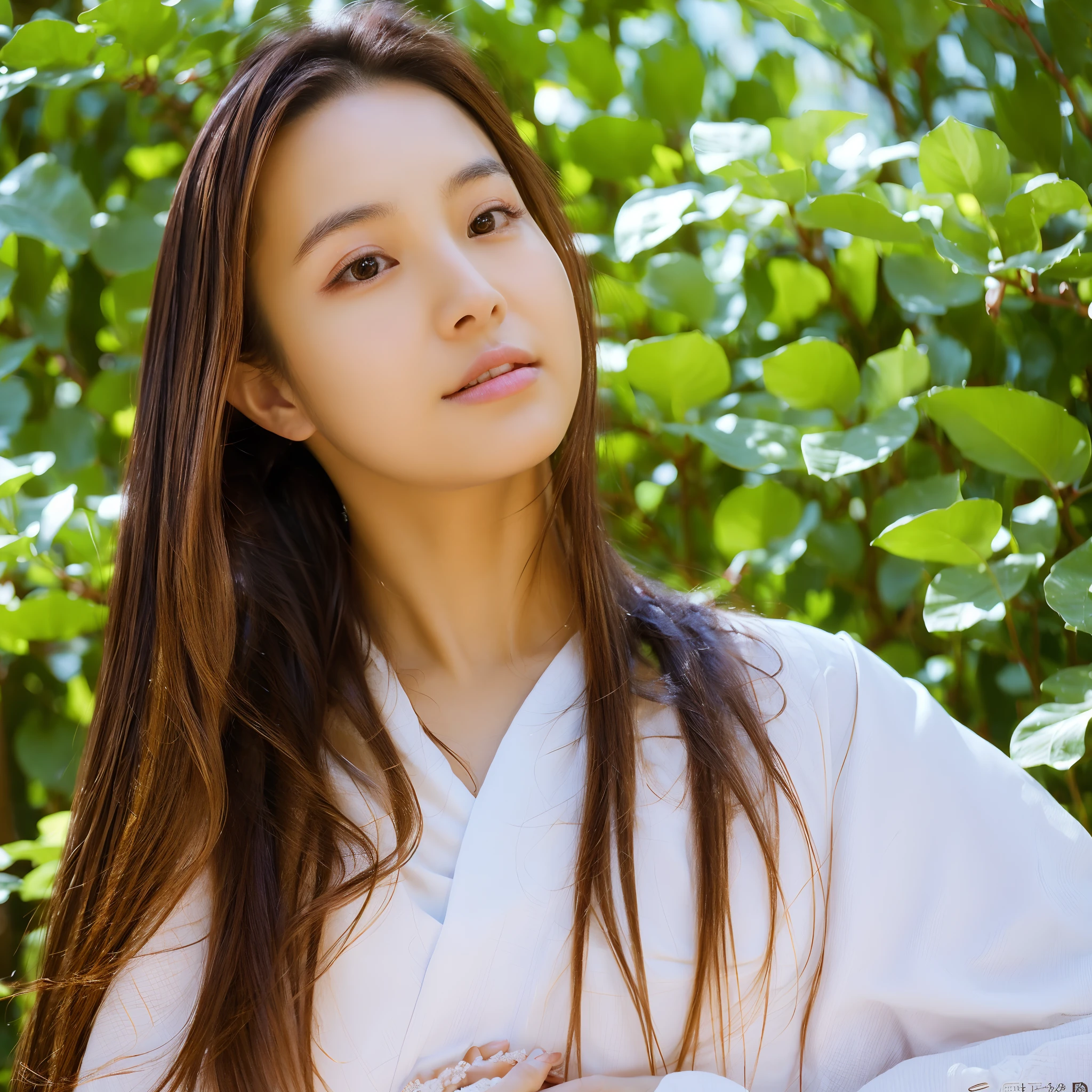 A beautiful Korean girl, age 21, with stunning eyes and luscious lips, standing in a vibrant garden. She is wearing a traditional hanbok dress, showcasing the rich colors and intricate patterns. The garden is filled with blooming flowers of various hues, creating a picturesque backdrop. The sunlight filters through the leaves of tall trees, casting a soft, warm glow on the scene. The girl's hair is styled in an elegant updo adorned with delicate hairpins. She holds a small fan in her hand, adding an element of grace and elegance to her appearance. The overall image should have the best quality, with ultra-detailed features and a realistic, photorealistic rendering. The colors should be vivid and vibrant, reflecting the beauty of Korean culture. The lighting should capture the essence of a sunny day, with soft, natural illumination that enhances the girl's features.