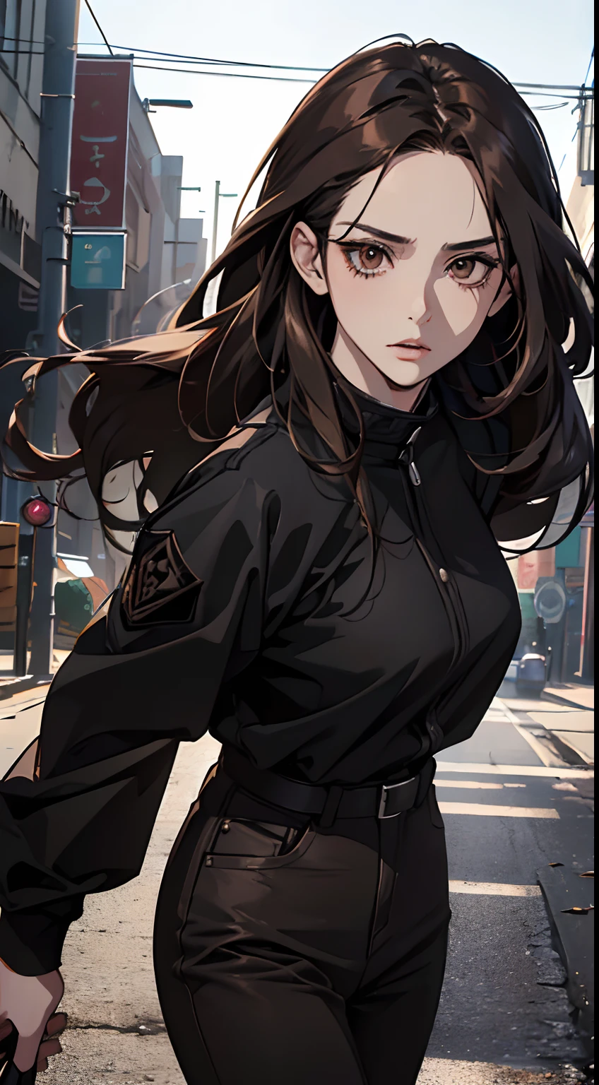 (masterpiece best quality ultra detailed photorealistic dark apocalyptic setting realistic lighting Manhwa art 1:2 image 1.2 HDR) (a twenty-eight year old woman) (very beautiful face, perfect lines, brown eyes, long hair, movement) (wearing clothes black, walking)