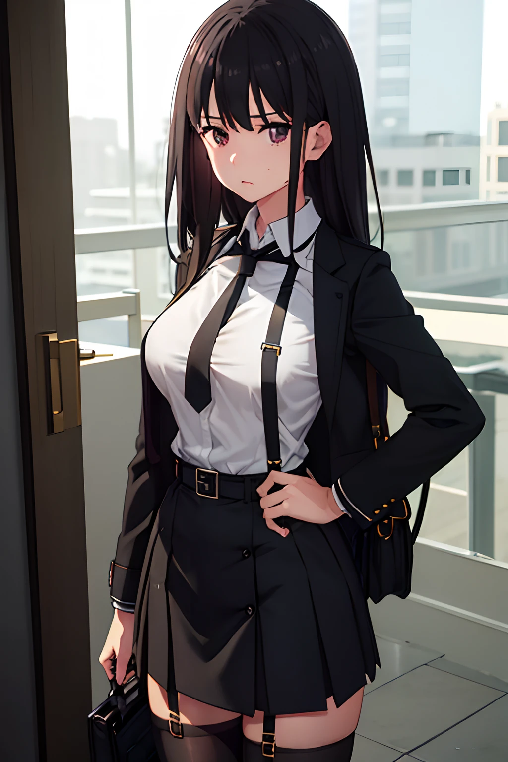 Suit,Collared shirt,Belt bag,Suspenders Black Miniskirt　garterbelts　knee high　Stockings　Black Niso　Colorcon armpit sweat　perspiring　Side of both hands,Black jacket,Gaze,ample bosom,Armpit sweat,Exposing the armpits"Tight clothes、Cuffed、Wristband Bangs Center Parted