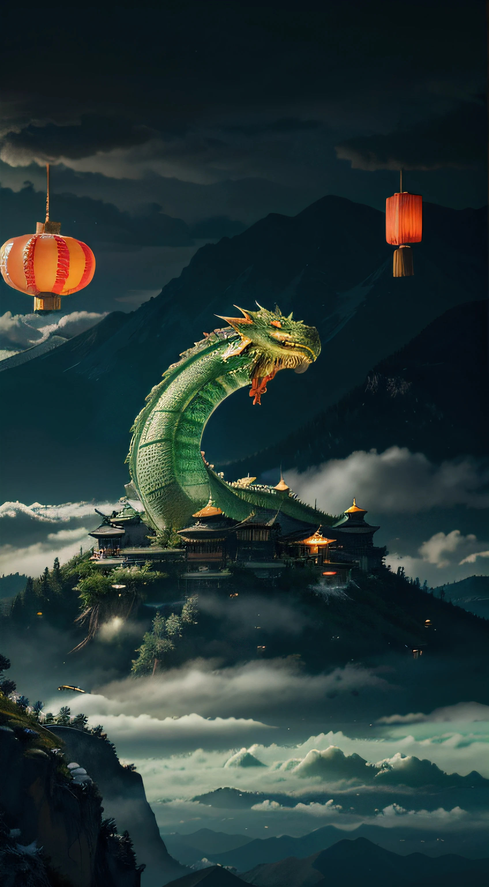 Inside a Chinese tea, A grandiose Chinese dragon snaking between rocky mountains, Where Green Tea, ginger and mint grow. The dragon blows a mystical cloud that turns into tea spirals, Under a sky illuminated by floating lanterns. Green Prevailing Style Illustration