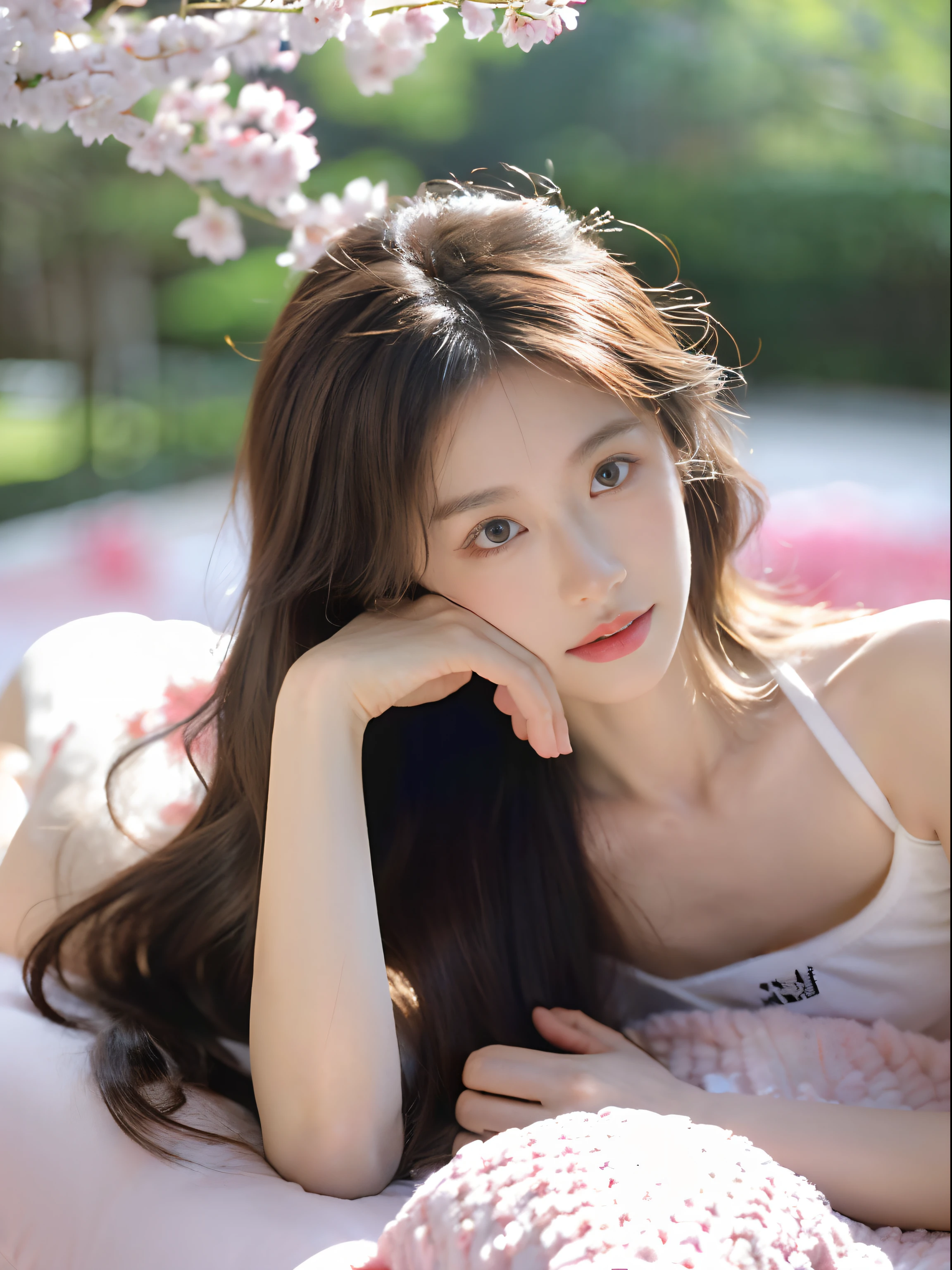 (8k, RAW photo, best quality, masterpiece:1.2), (realistic, photo-realistic:1.5), natural light, girl, beautiful girl, long hair, brown hair, brown eyes, ultra-detailed beautiful face, looking at viewers,  white tanktop, laying down, (background, garden, japan scenery, sakura, sakura petal, indoor)